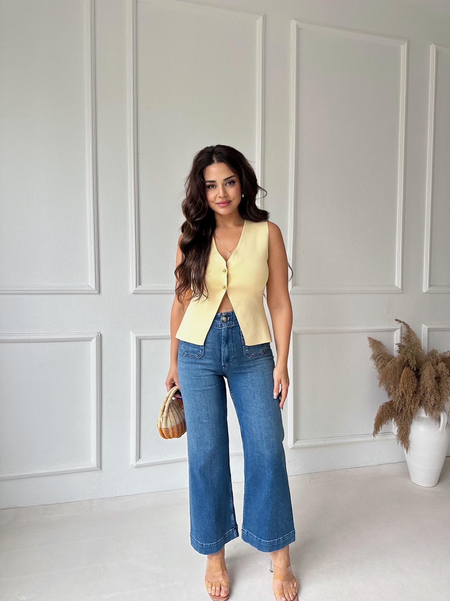 Orijinal Marka Likralı Mavi Colette Kısa Geniş Paça Jean 