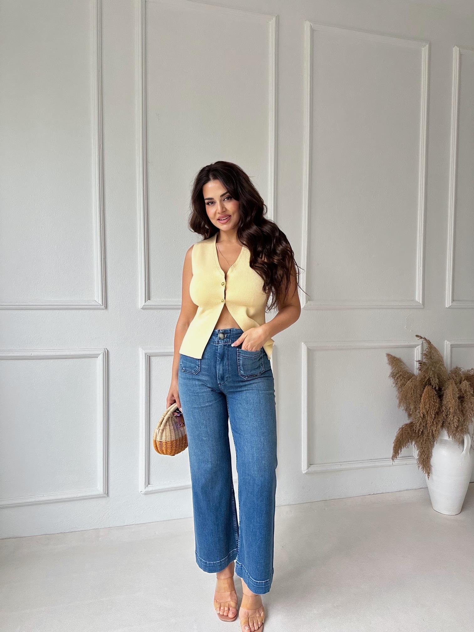 Orijinal Marka Likralı Mavi Colette Kısa Geniş Paça Jean 