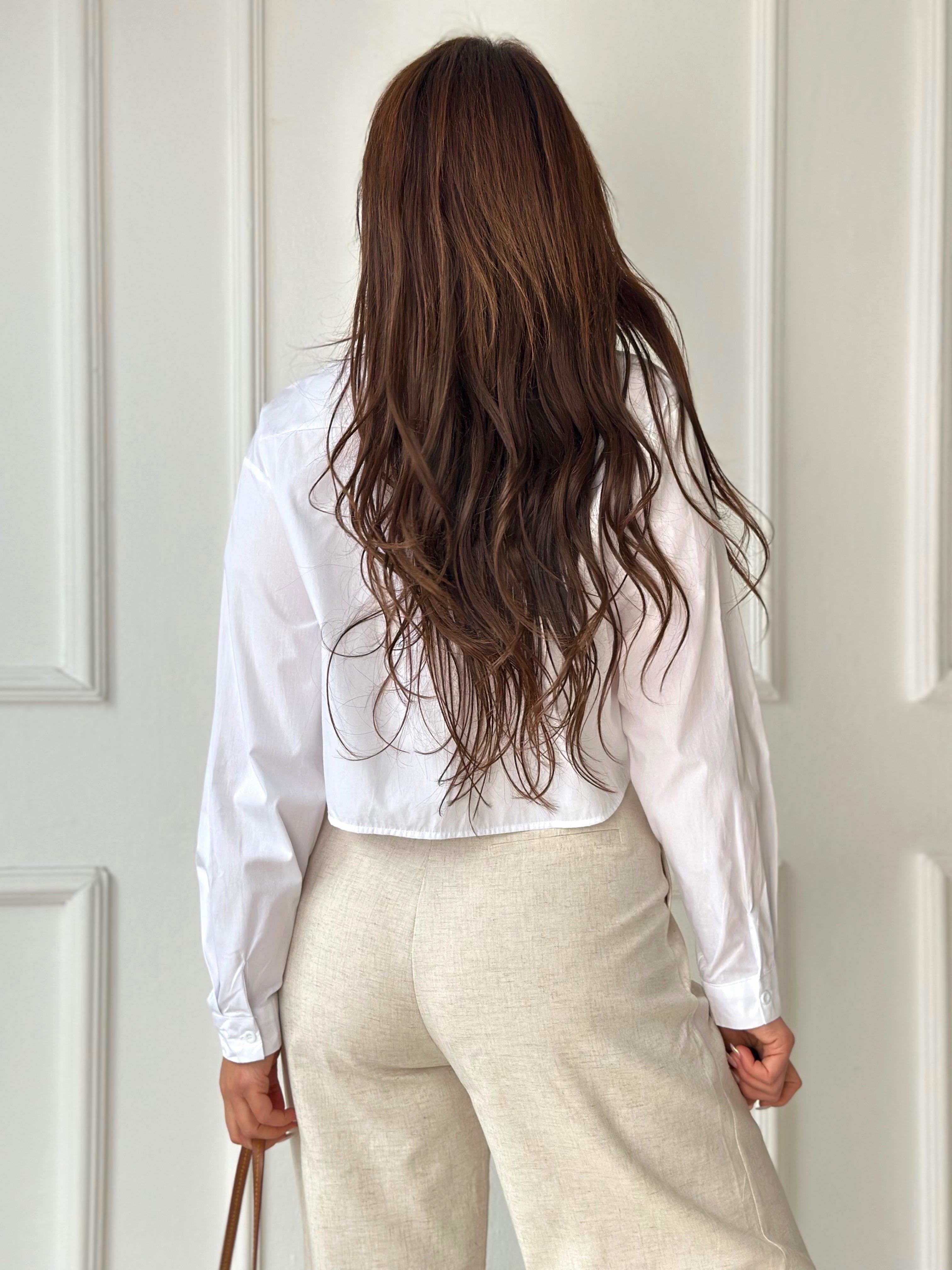 Orijinal Marka Pamuklu Poplin Beyaz Crop Gömlek