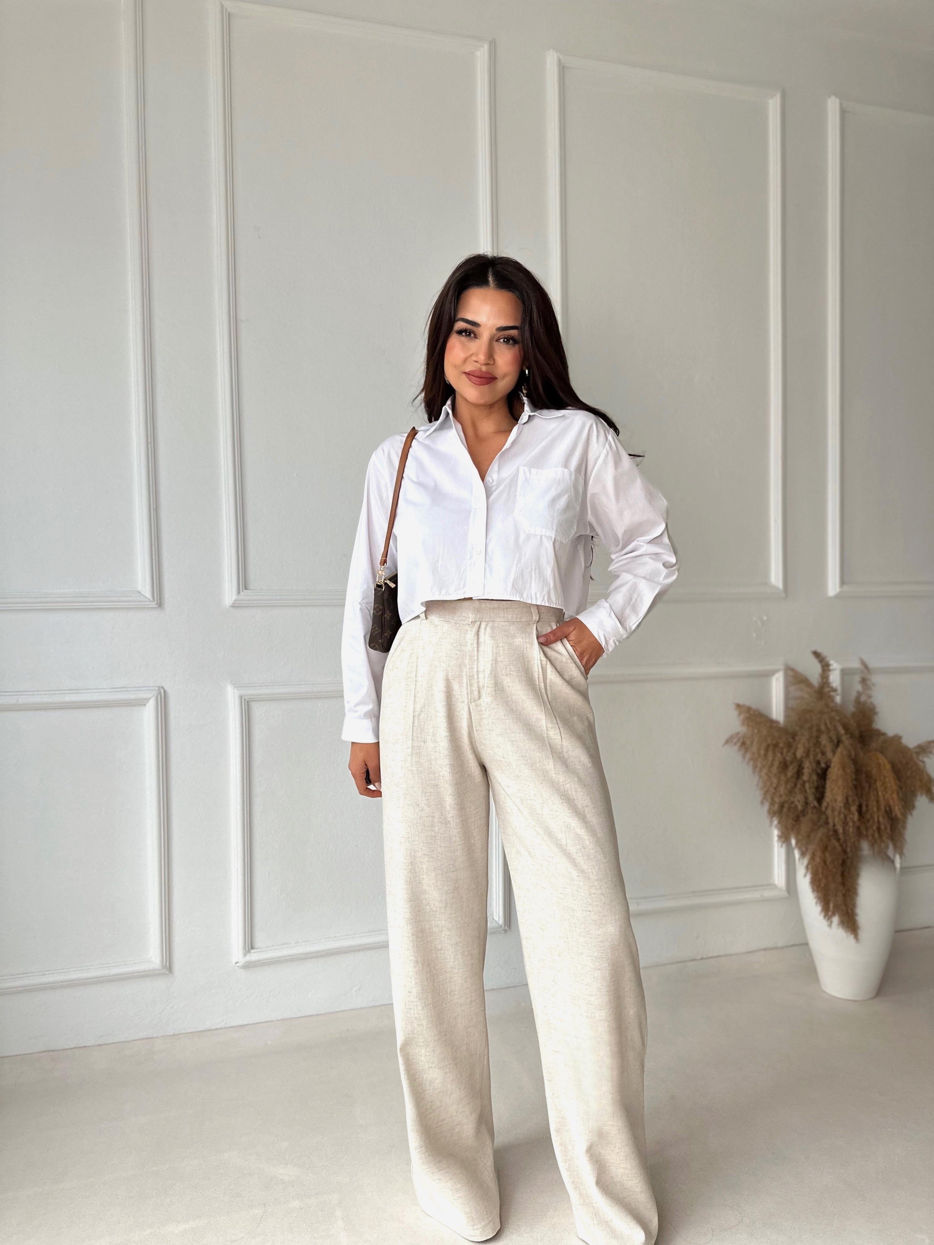 Orijinal Marka Pamuklu Poplin Beyaz Crop Gömlek