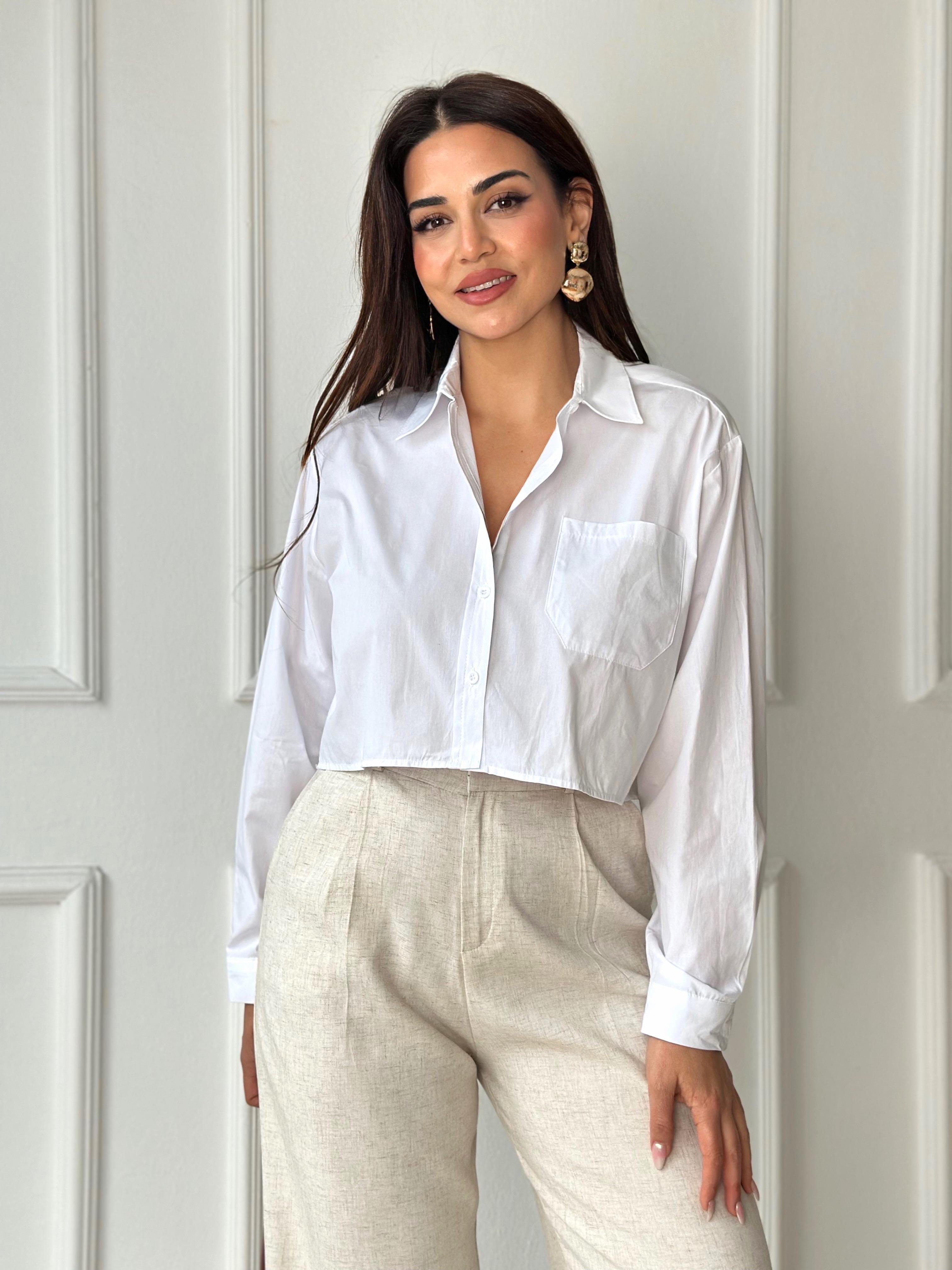 Orijinal Marka Pamuklu Poplin Beyaz Crop Gömlek