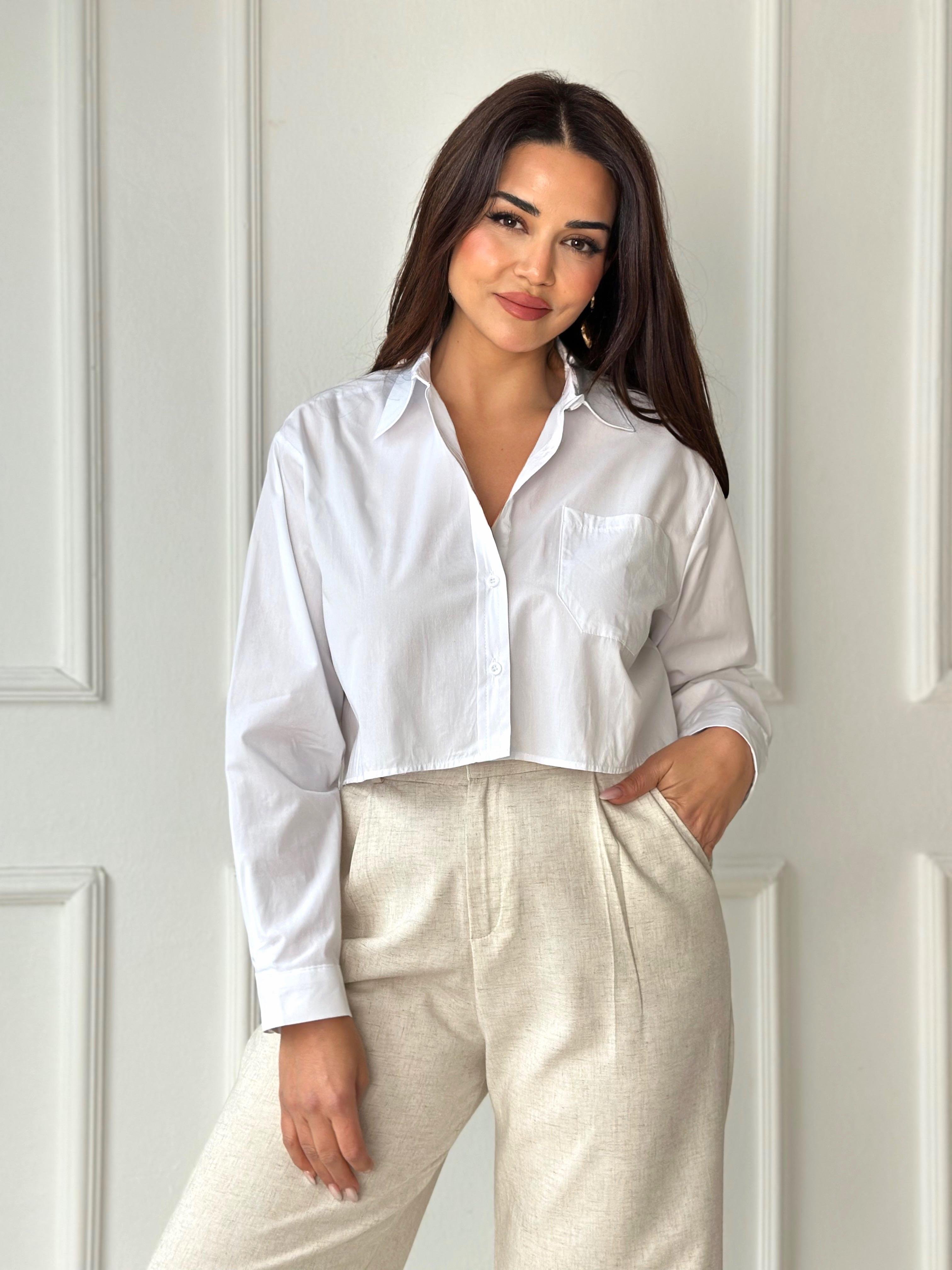 Orijinal Marka Pamuklu Poplin Beyaz Crop Gömlek