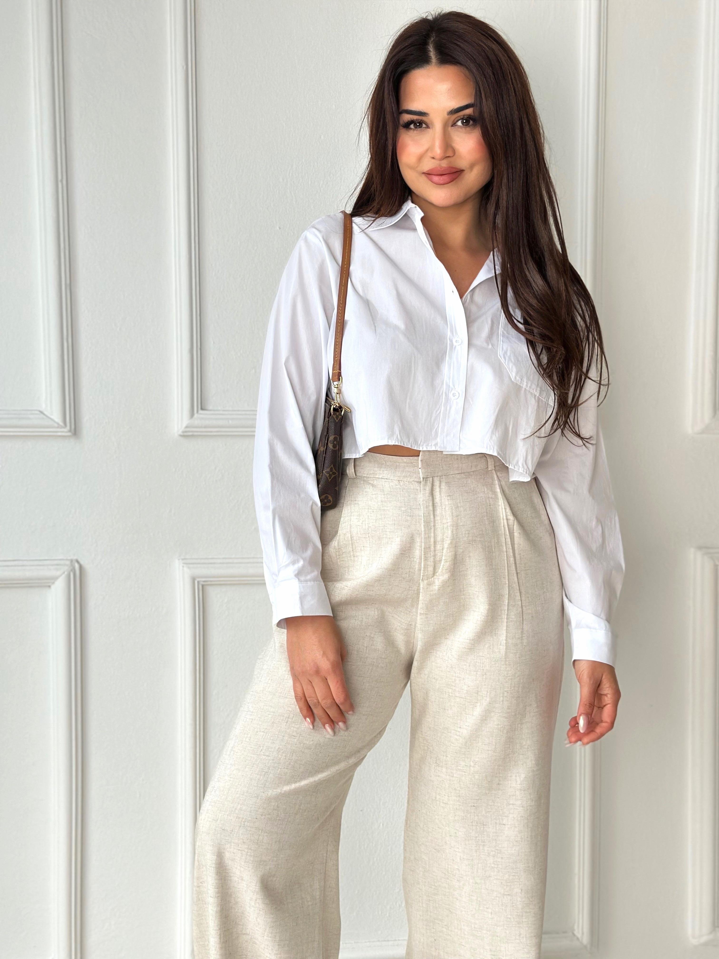 Orijinal Marka Pamuklu Poplin Beyaz Crop Gömlek