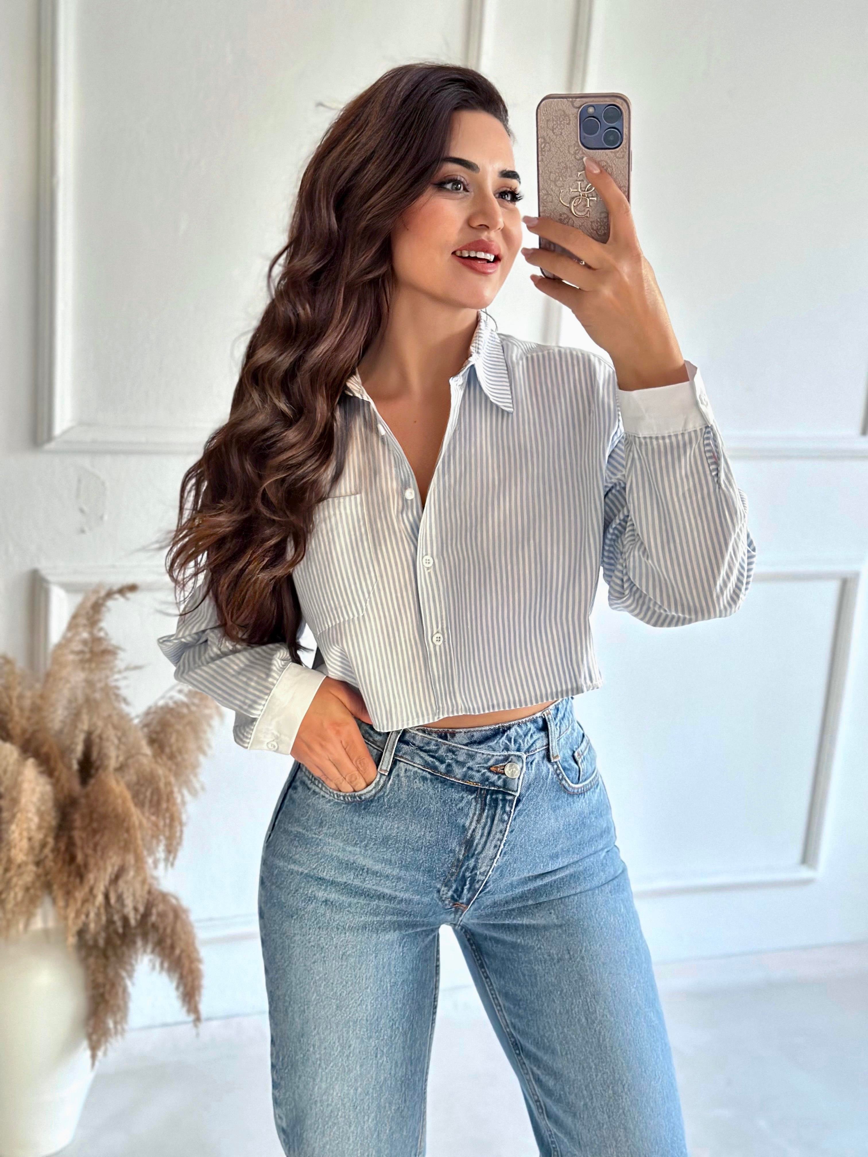 Orijinal Marka Pamuklu Poplin Mavi Beyaz Çizgili Crop Gömlek