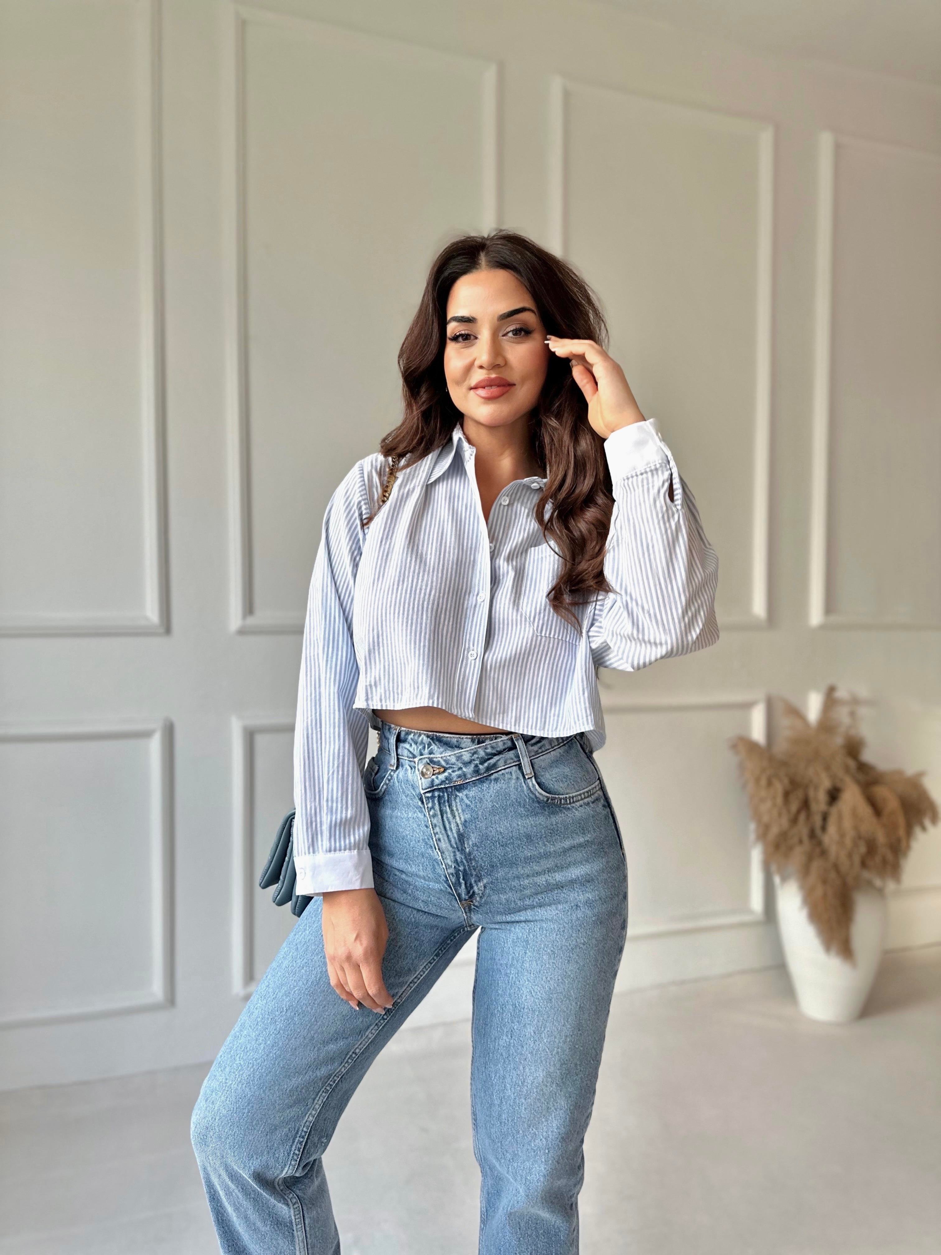 Orijinal Marka Pamuklu Poplin Mavi Beyaz Çizgili Crop Gömlek