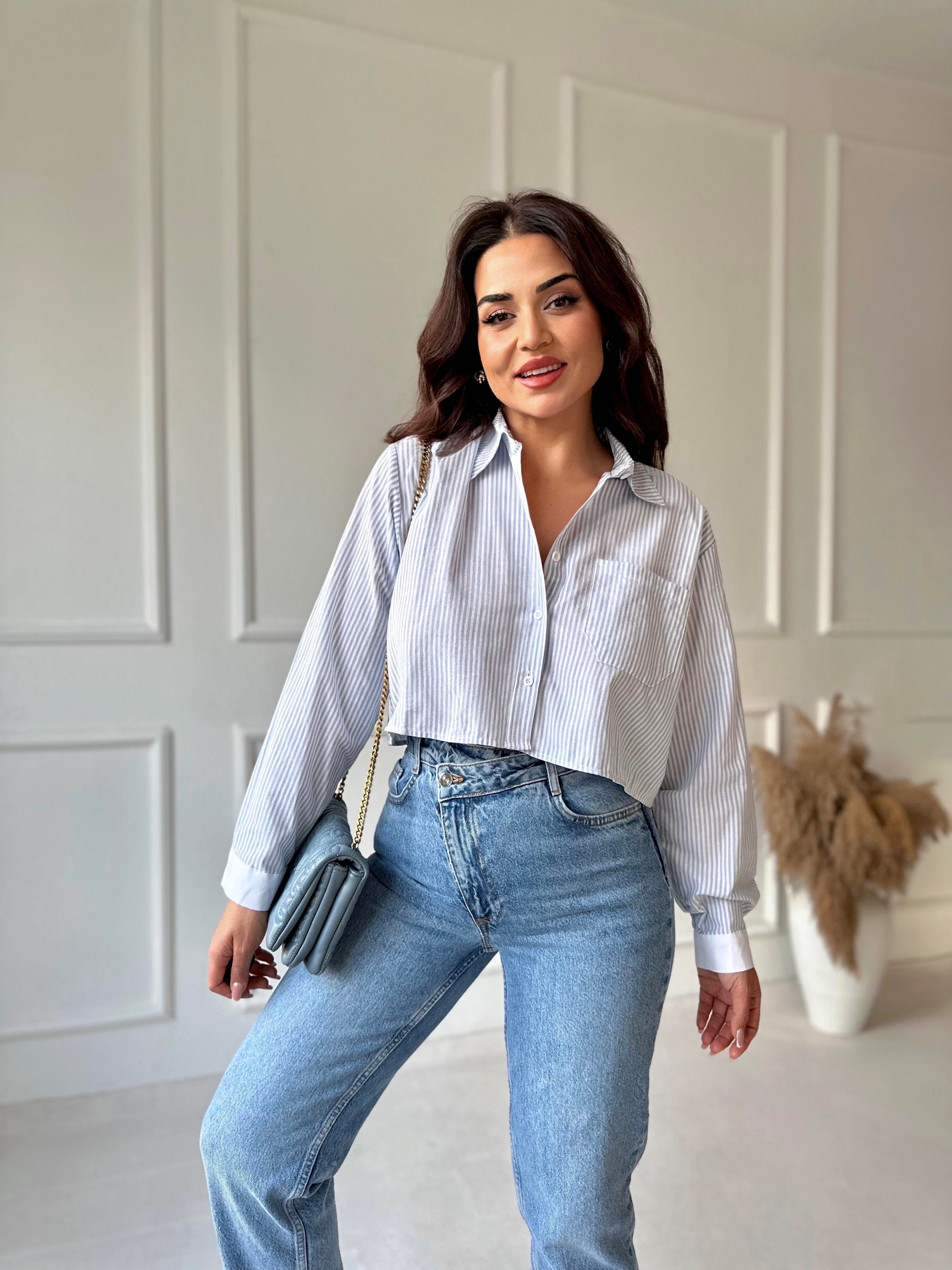 Orijinal Marka Pamuklu Poplin Mavi Beyaz Çizgili Crop Gömlek