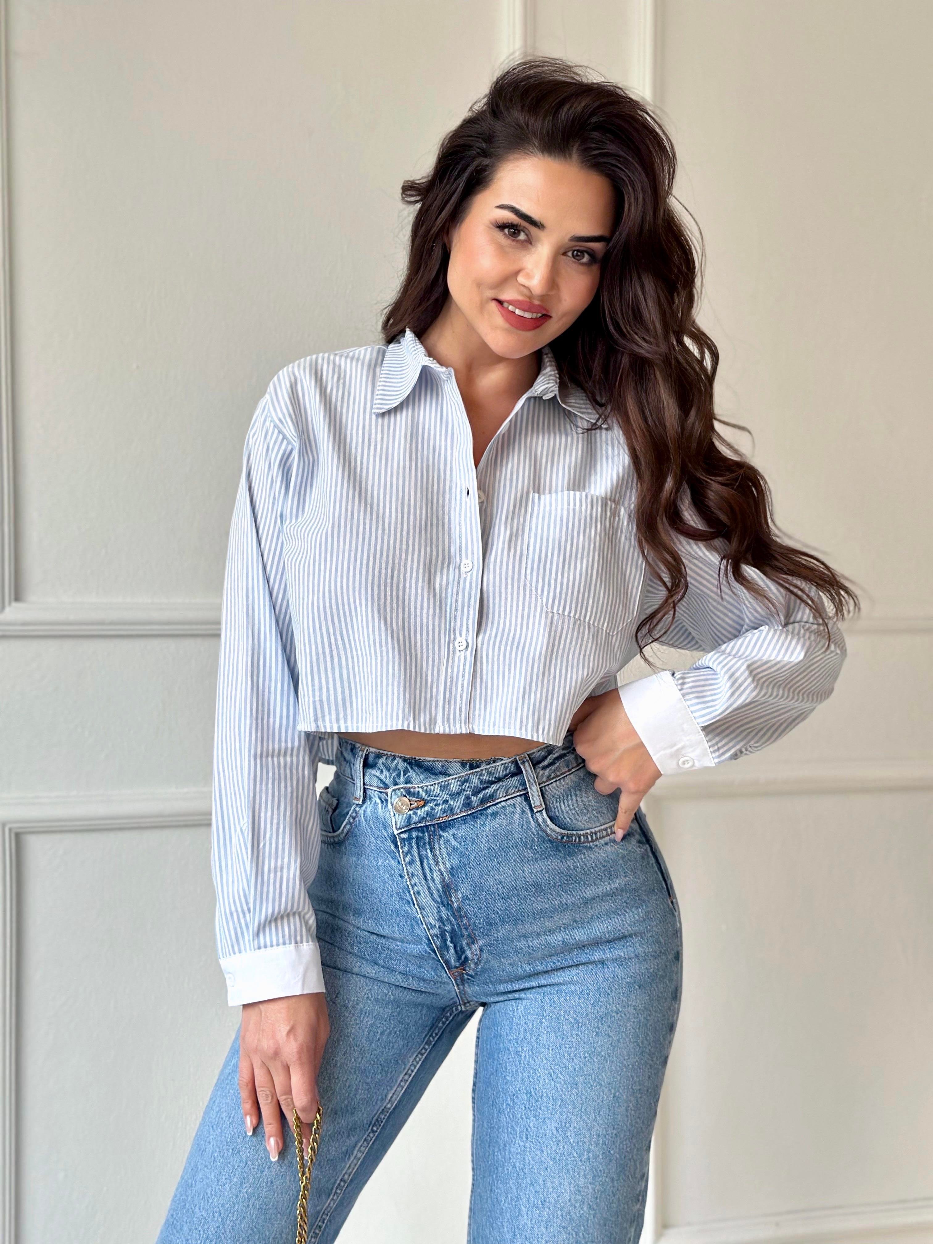 Orijinal Marka Pamuklu Poplin Mavi Beyaz Çizgili Crop Gömlek