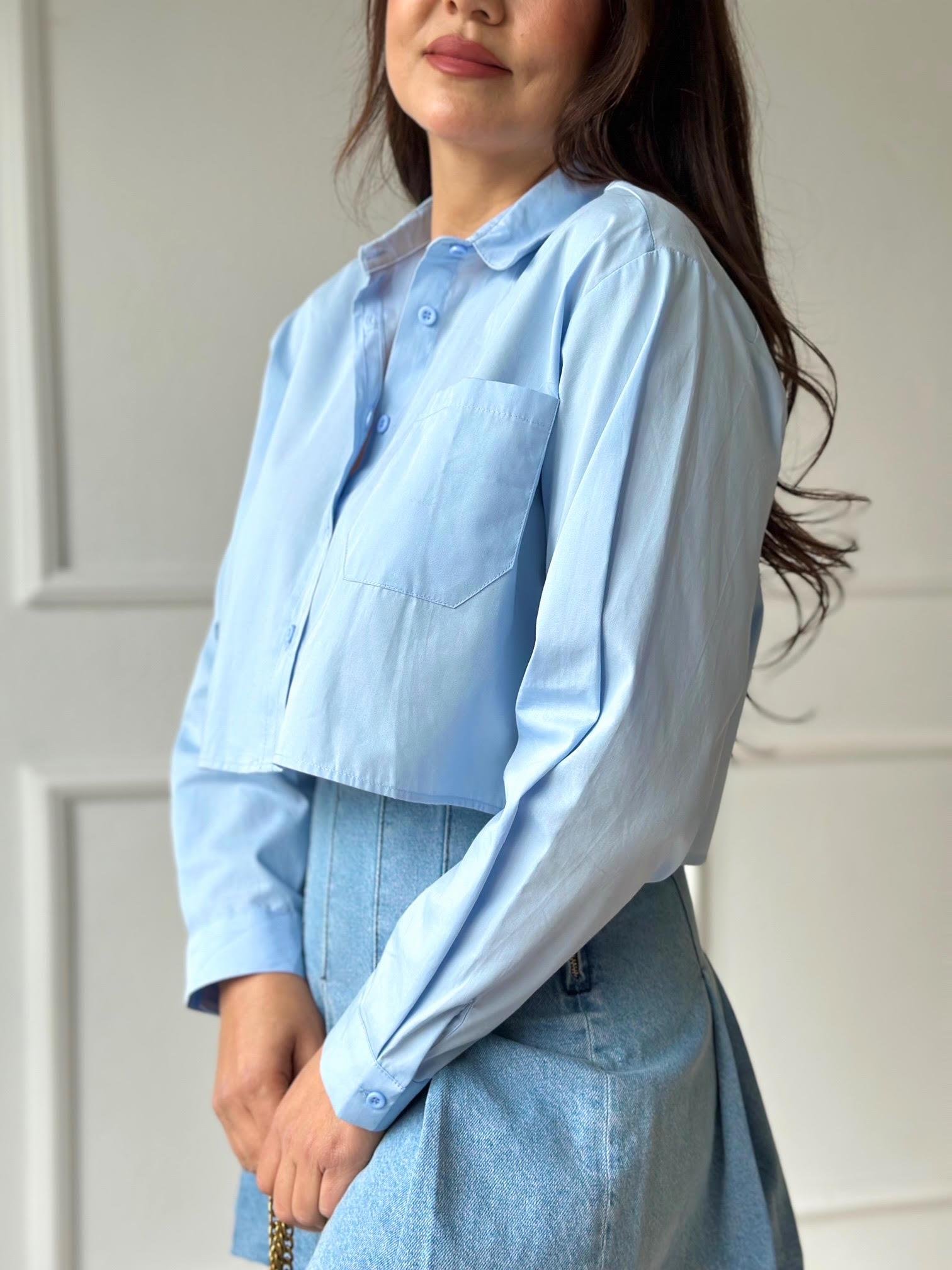 Orijinal Marka Pamuklu Poplin Mavi Crop Gömlek