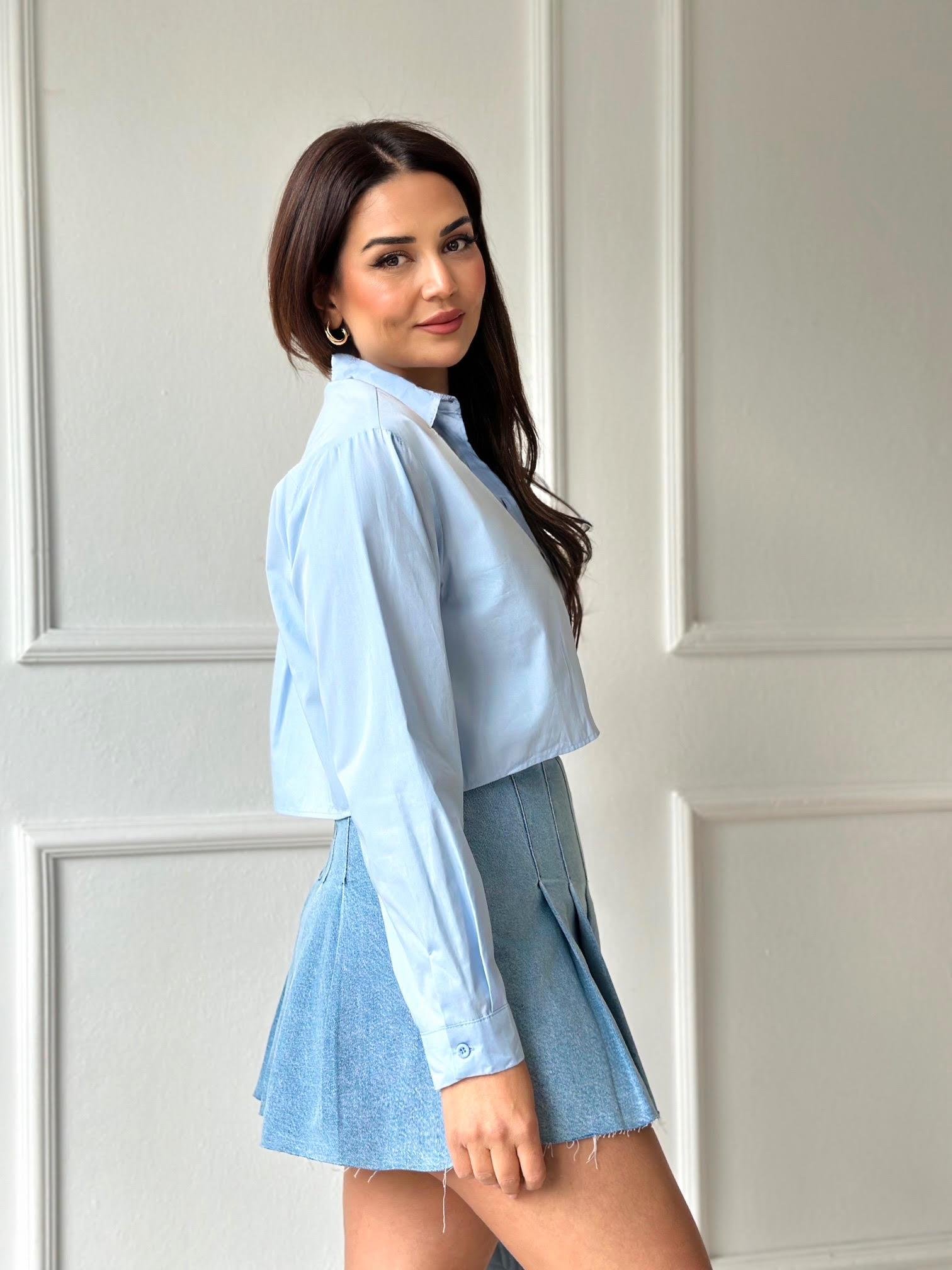 Orijinal Marka Pamuklu Poplin Mavi Crop Gömlek