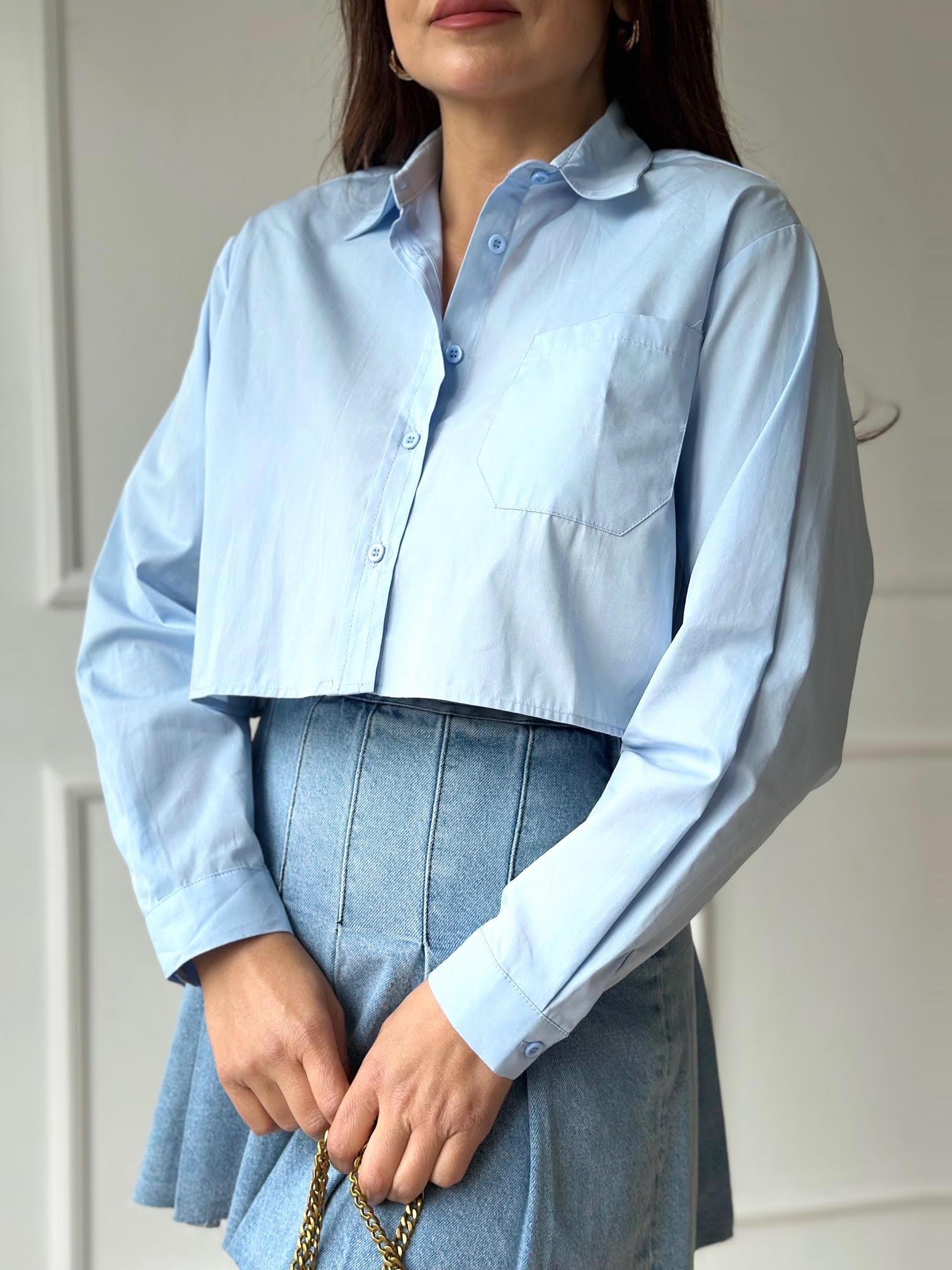 Orijinal Marka Pamuklu Poplin Mavi Crop Gömlek