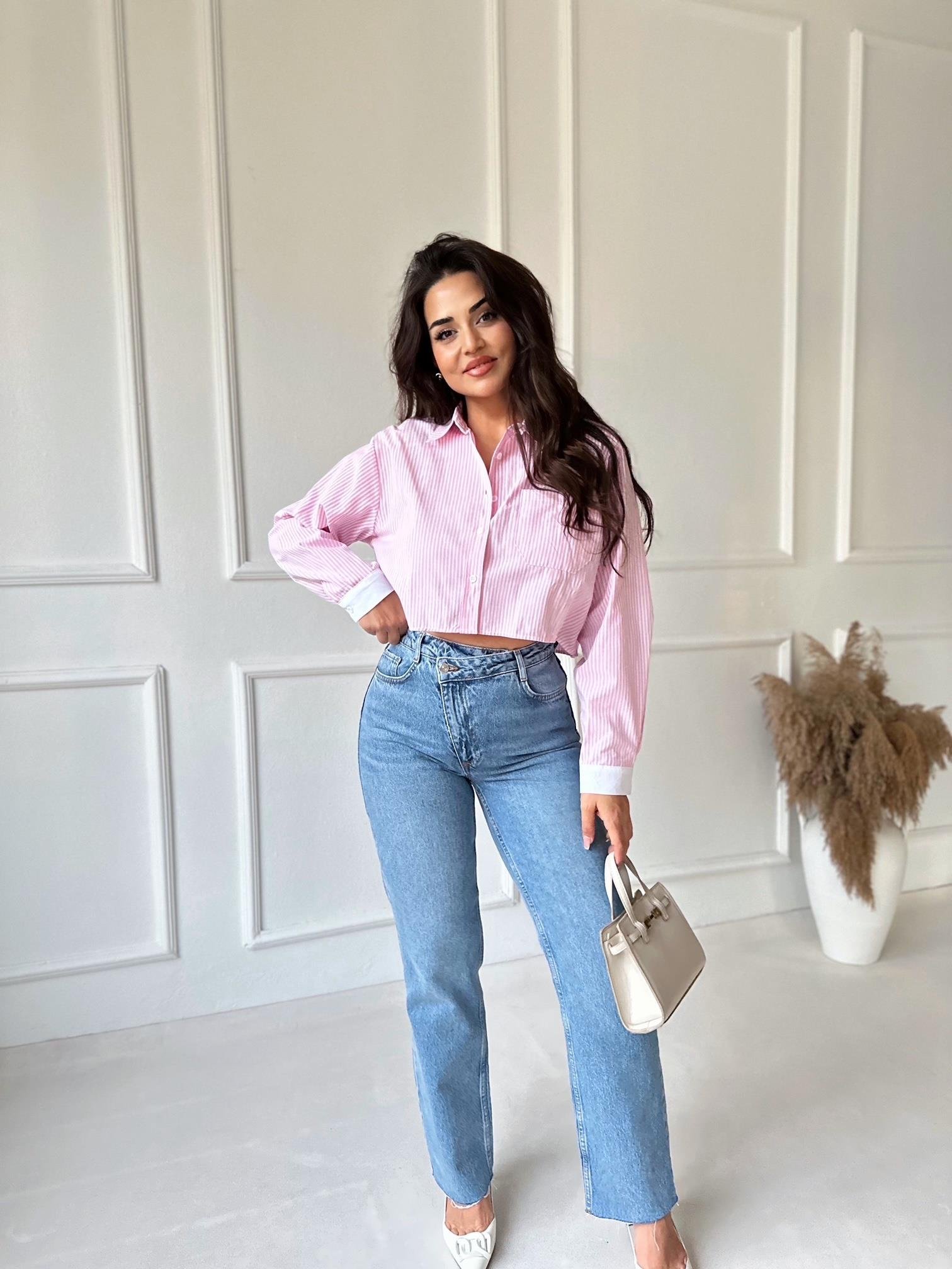 Orijinal Marka Pamuklu Poplin Pembe Beyaz Çizgili Crop Gömlek