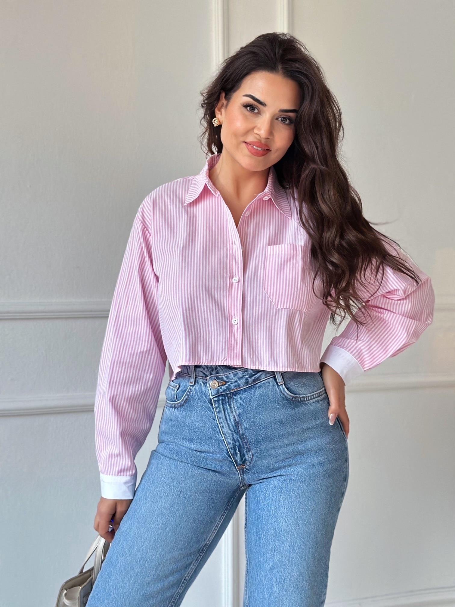 Orijinal Marka Pamuklu Poplin Pembe Beyaz Çizgili Crop Gömlek