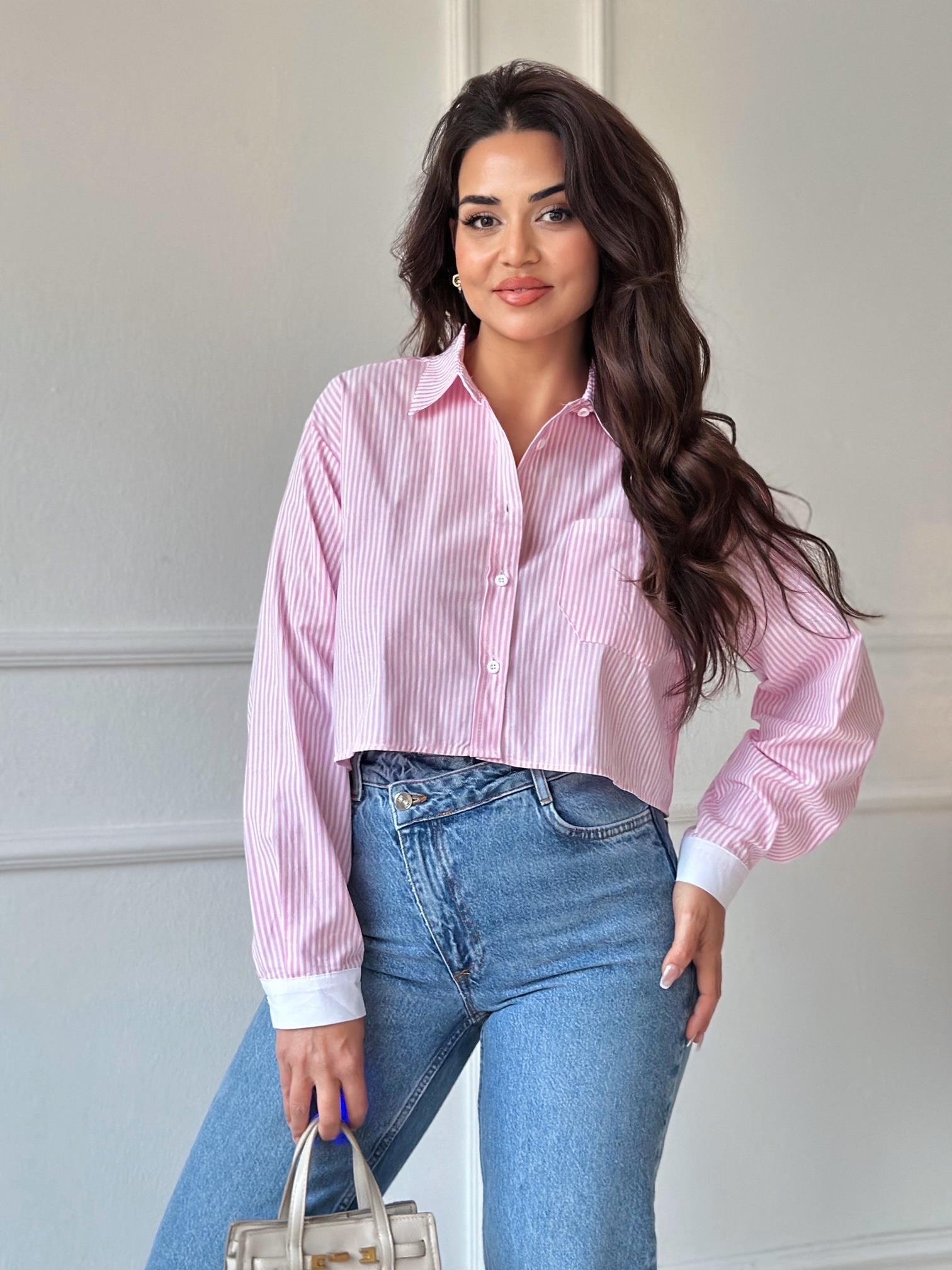 Orijinal Marka Pamuklu Poplin Pembe Beyaz Çizgili Crop Gömlek