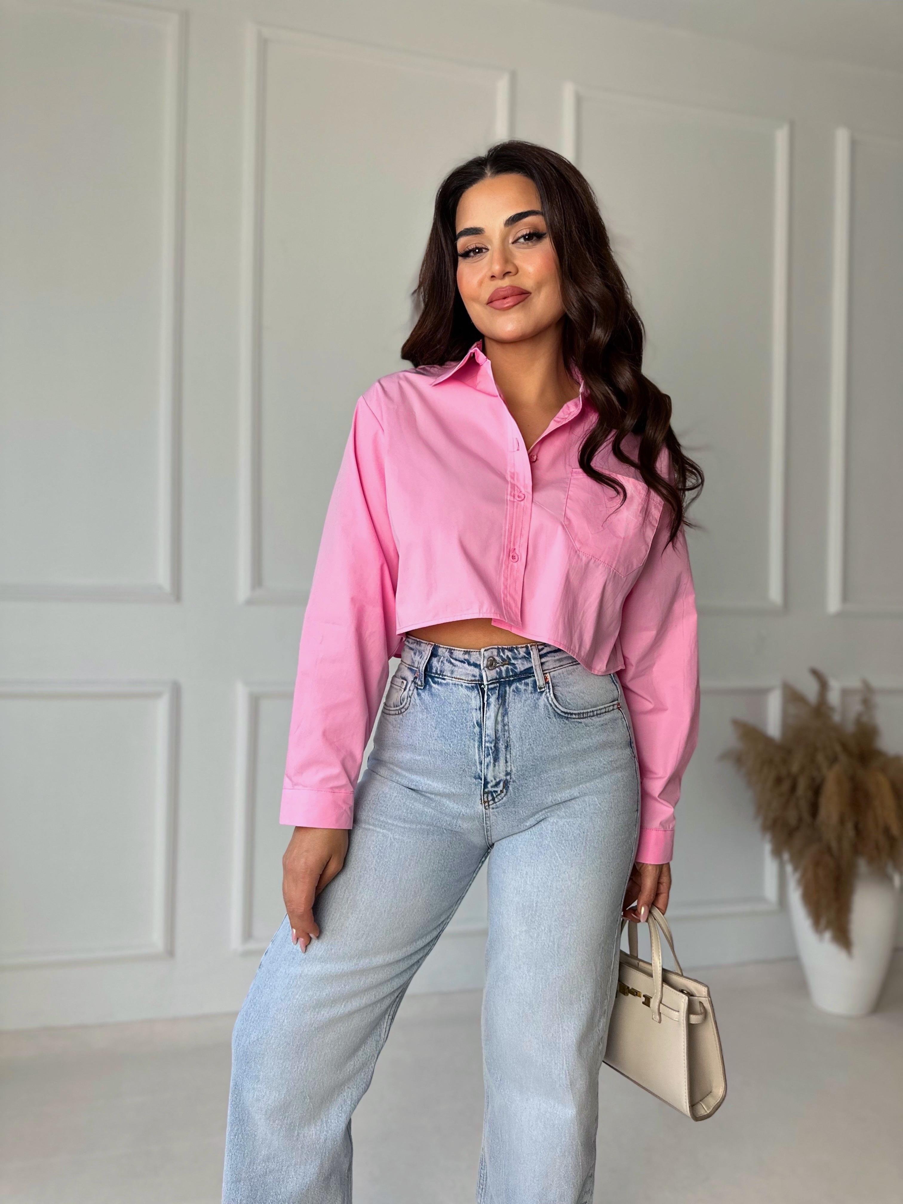 Orijinal Marka Pamuklu Poplin Pembe Crop Gömlek