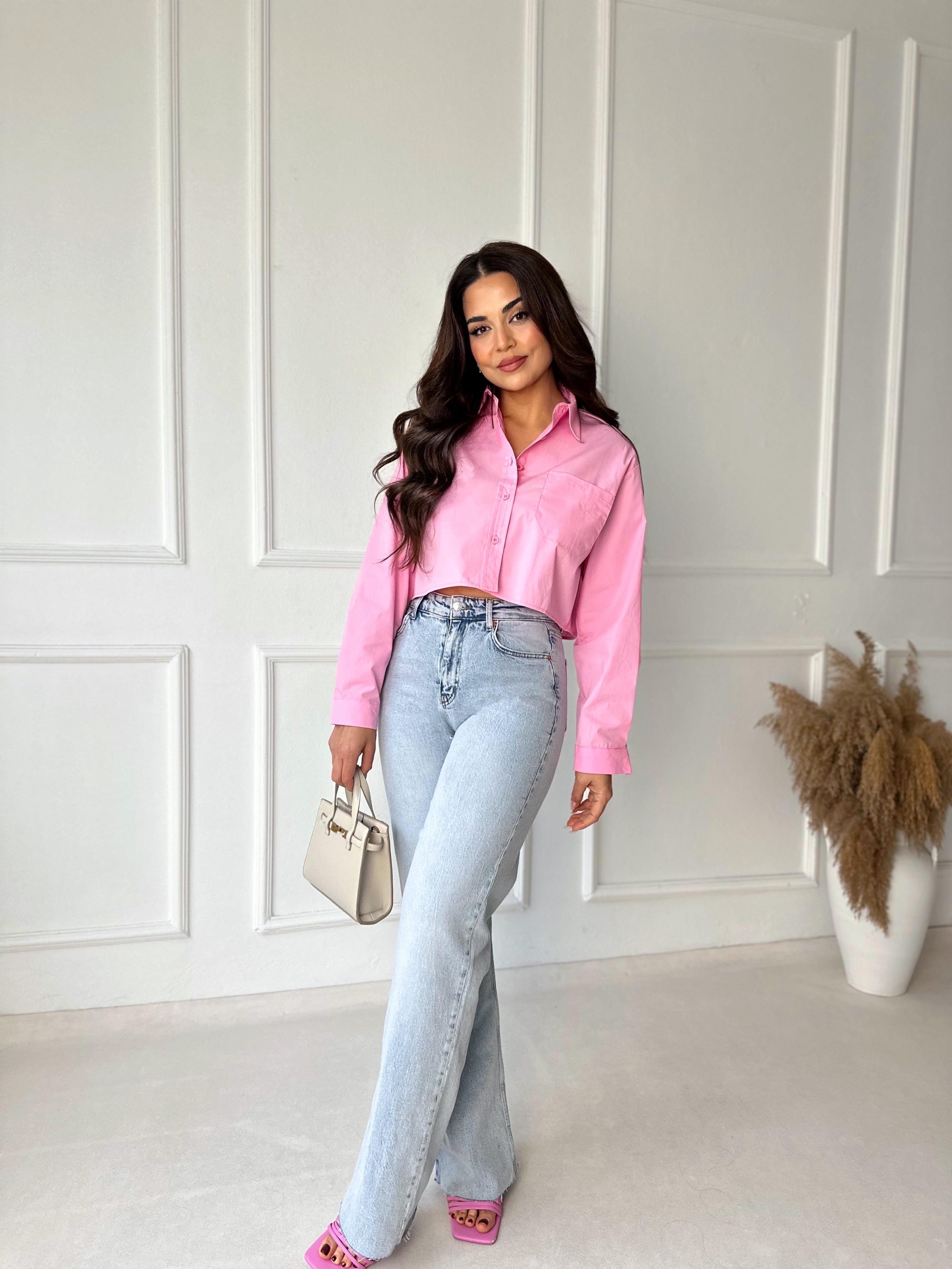 Orijinal Marka Pamuklu Poplin Pembe Crop Gömlek