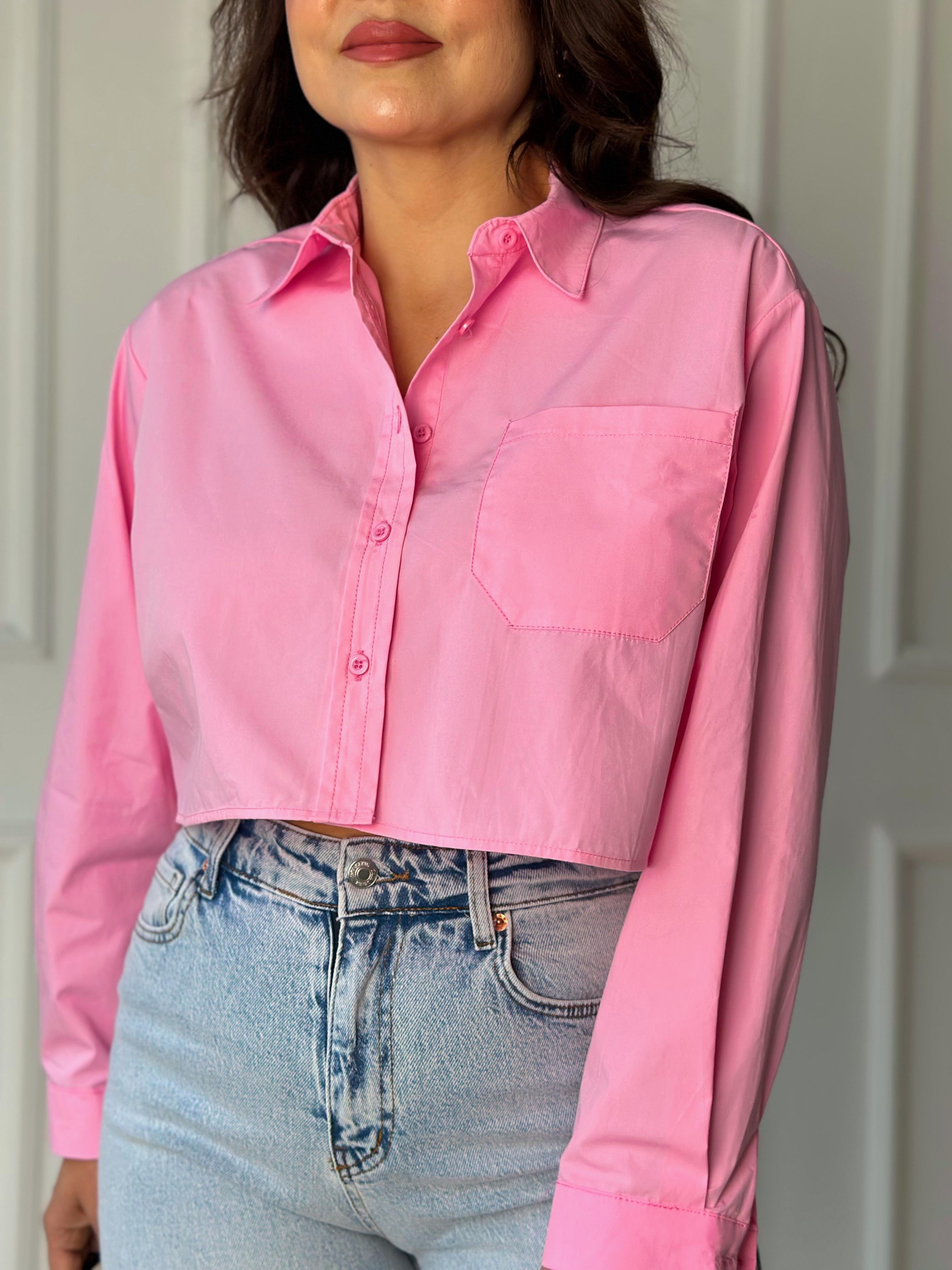 Orijinal Marka Pamuklu Poplin Pembe Crop Gömlek