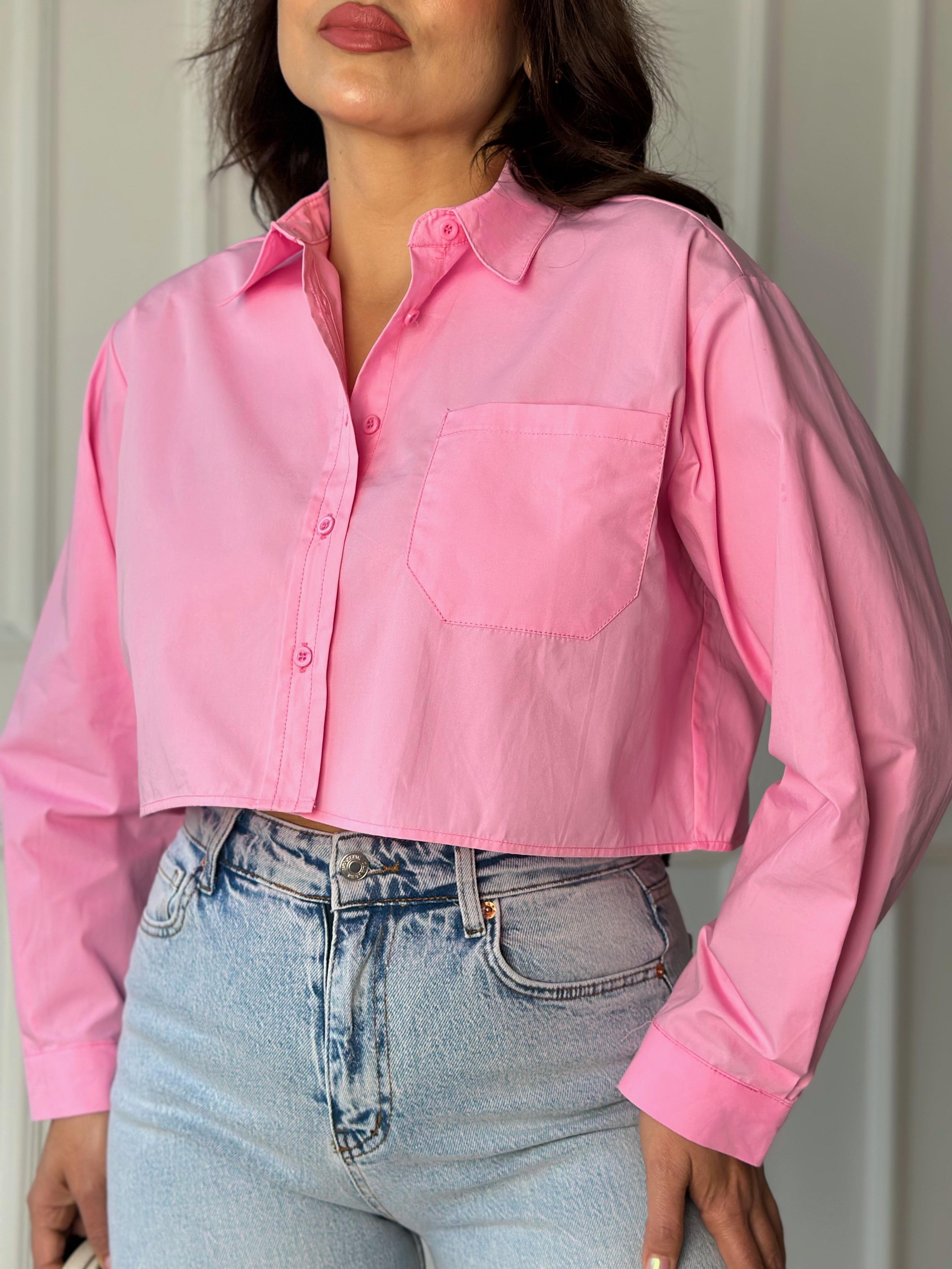 Orijinal Marka Pamuklu Poplin Pembe Crop Gömlek