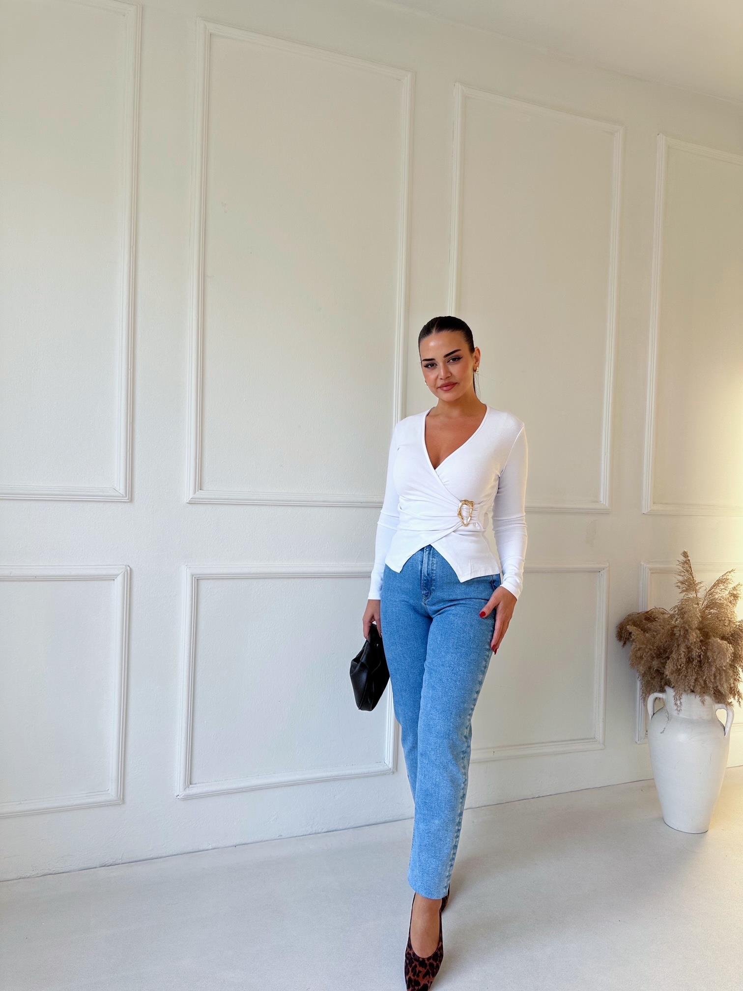 Orijinal Marka Tam Yüksek Bel Mavi Likralı Mom Jean