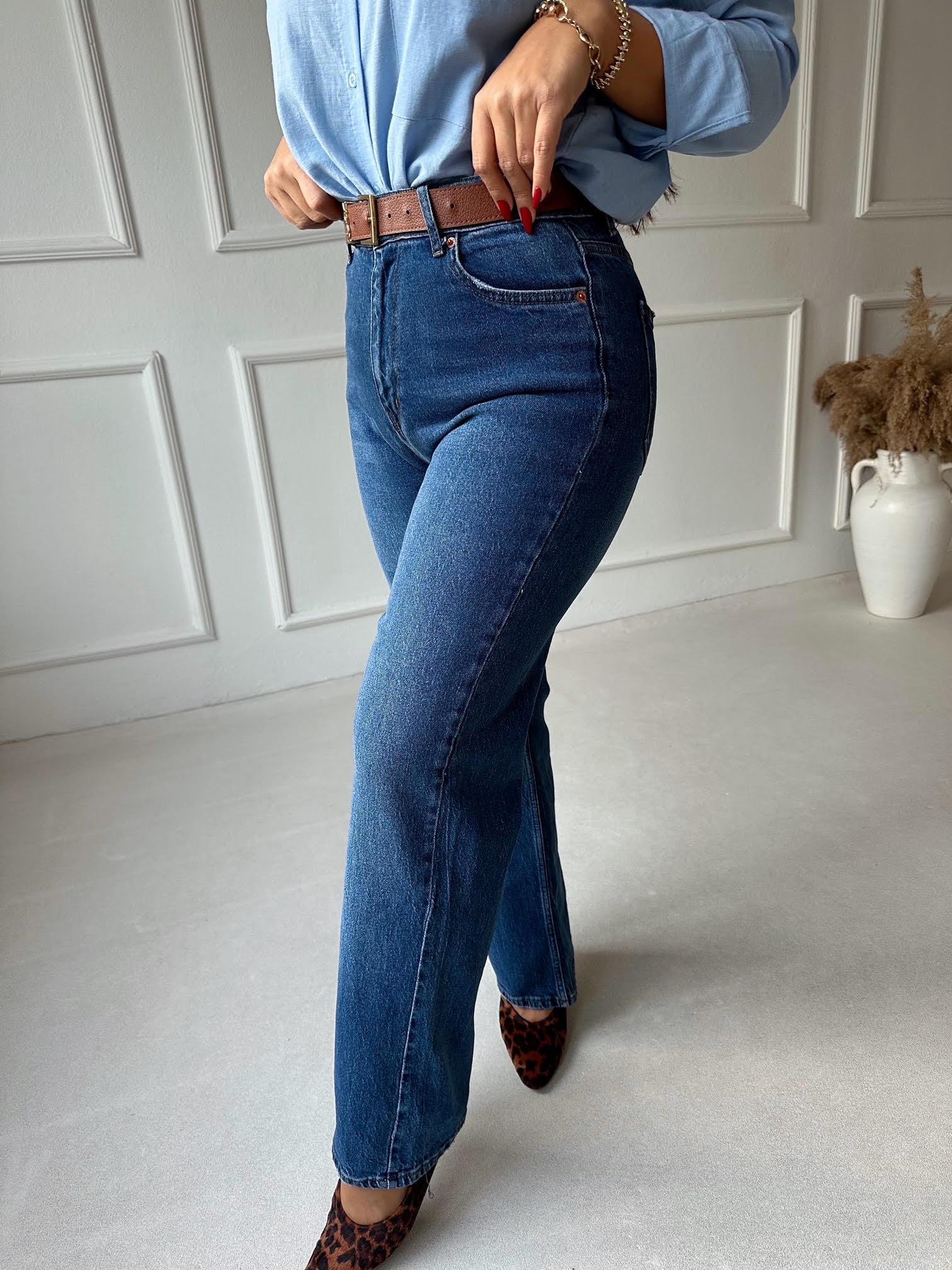 Orijinal Marka Tam Yüksek Bel Orta Mavi Straight Jean - Nora Butik