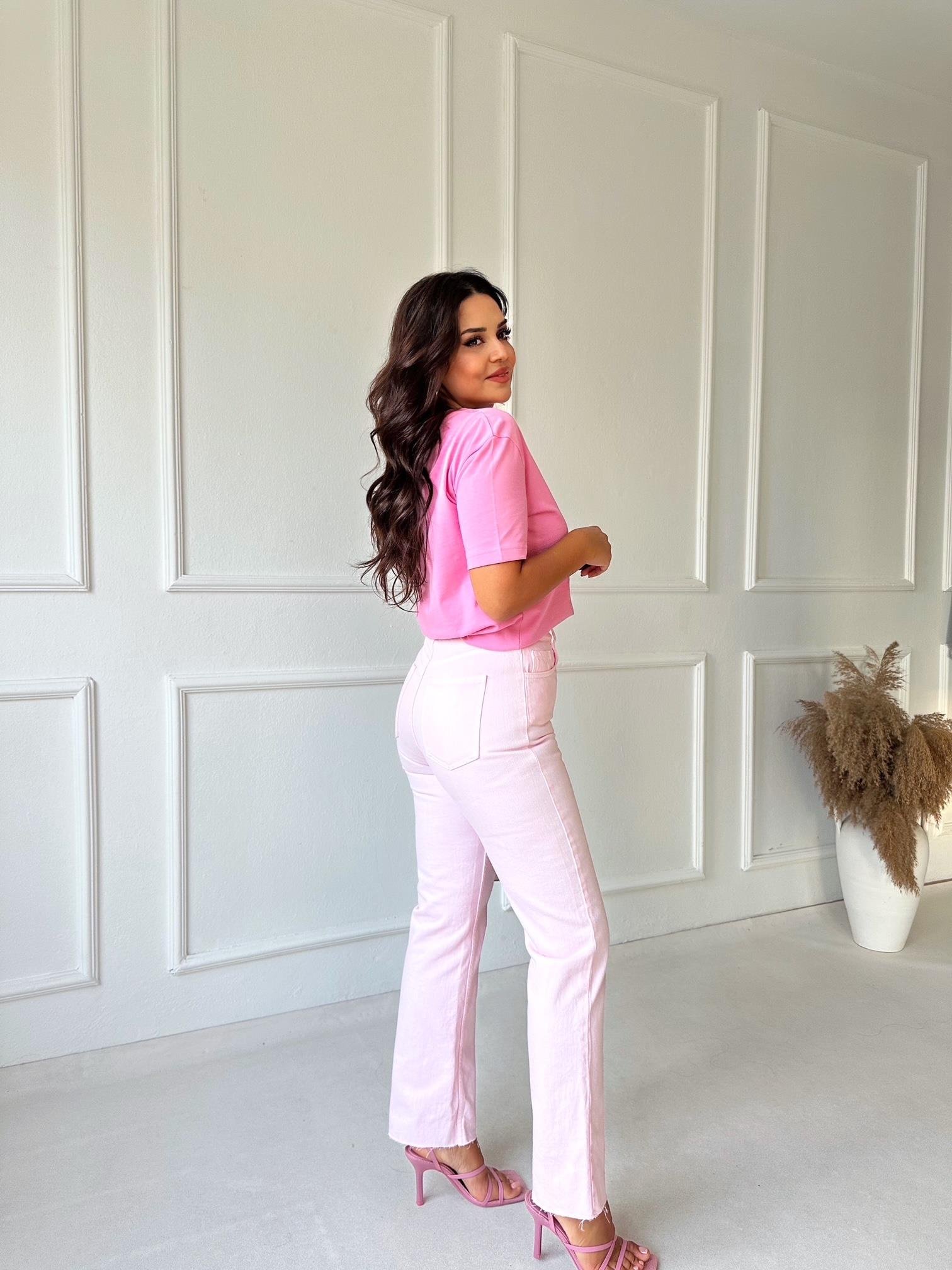 Orijinal Marka Tam Yüksek Bel Pembe Yıkamalı Straight Fit Jean | Nora Butik