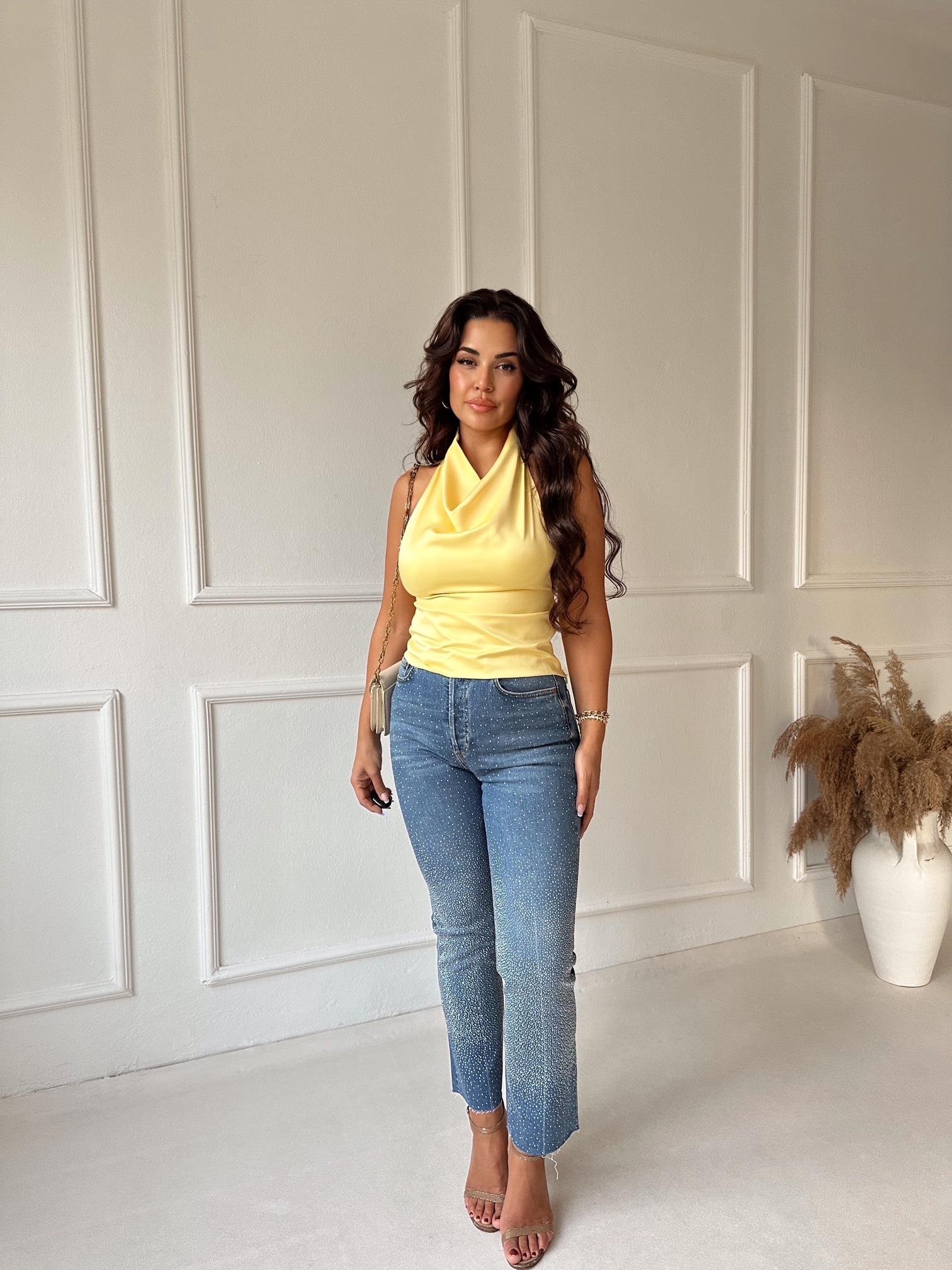 Orijinal marka tam yüksek bel taşlı likralı boyfit jean - Nora Butik