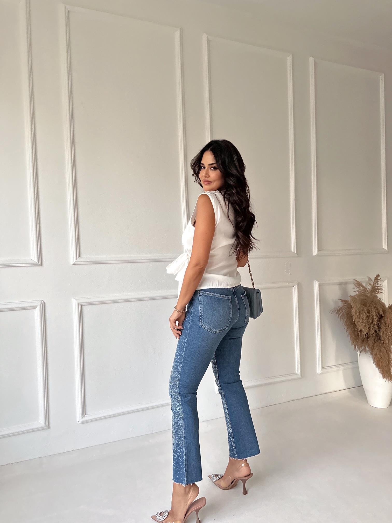 Orijinal Marka Tam Yüksek Bel Taşlı Likralı Boyfit Jean