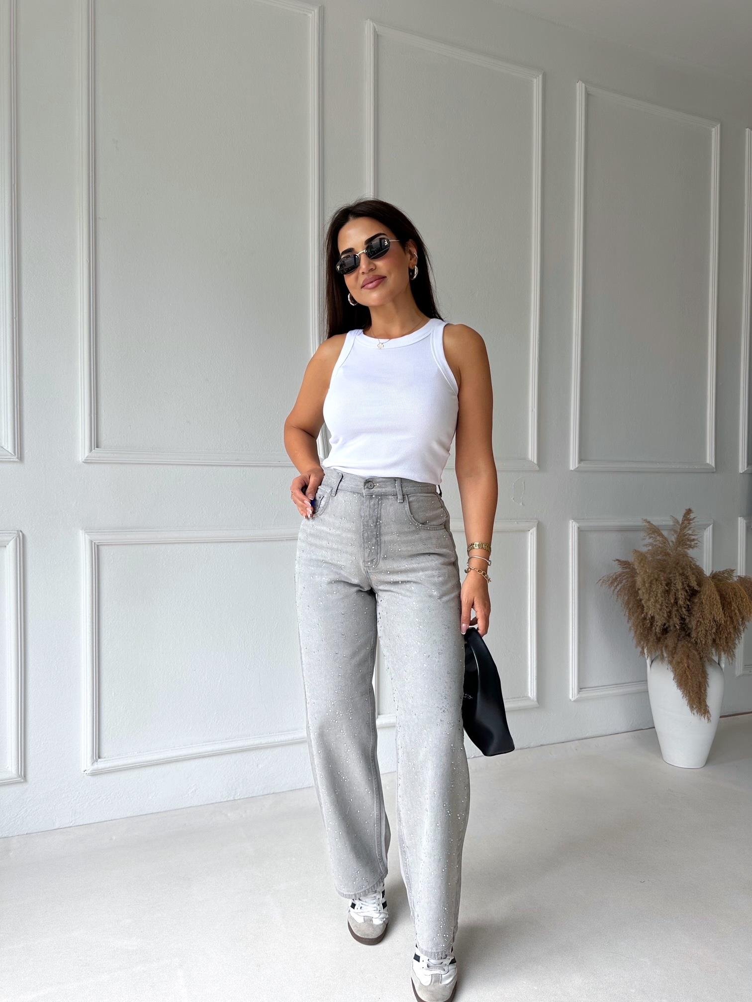 Orijinal Marka Taşlı Gri Loose Fit Jean