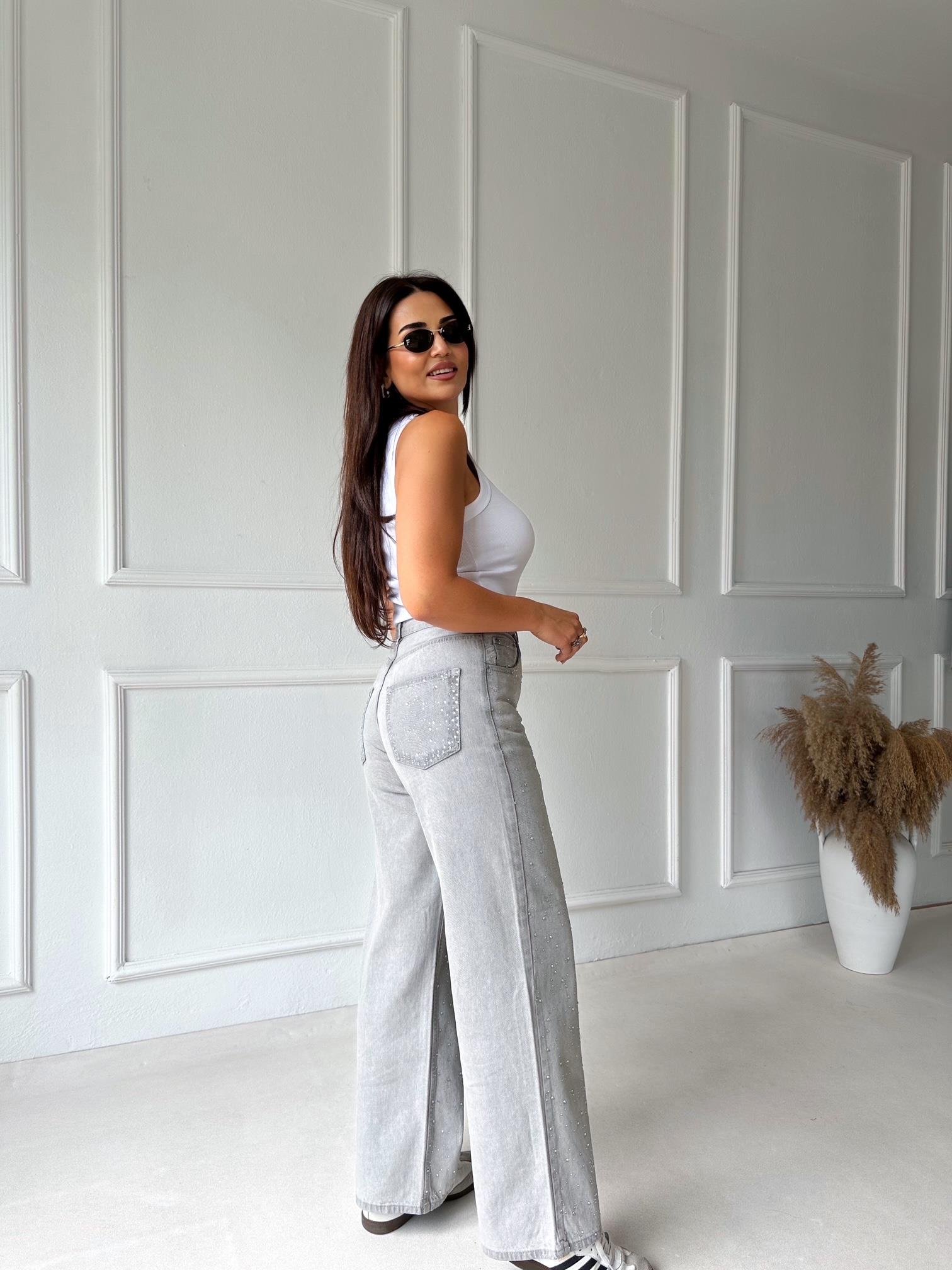 Orijinal Marka Taşlı Gri Loose Fit Jean