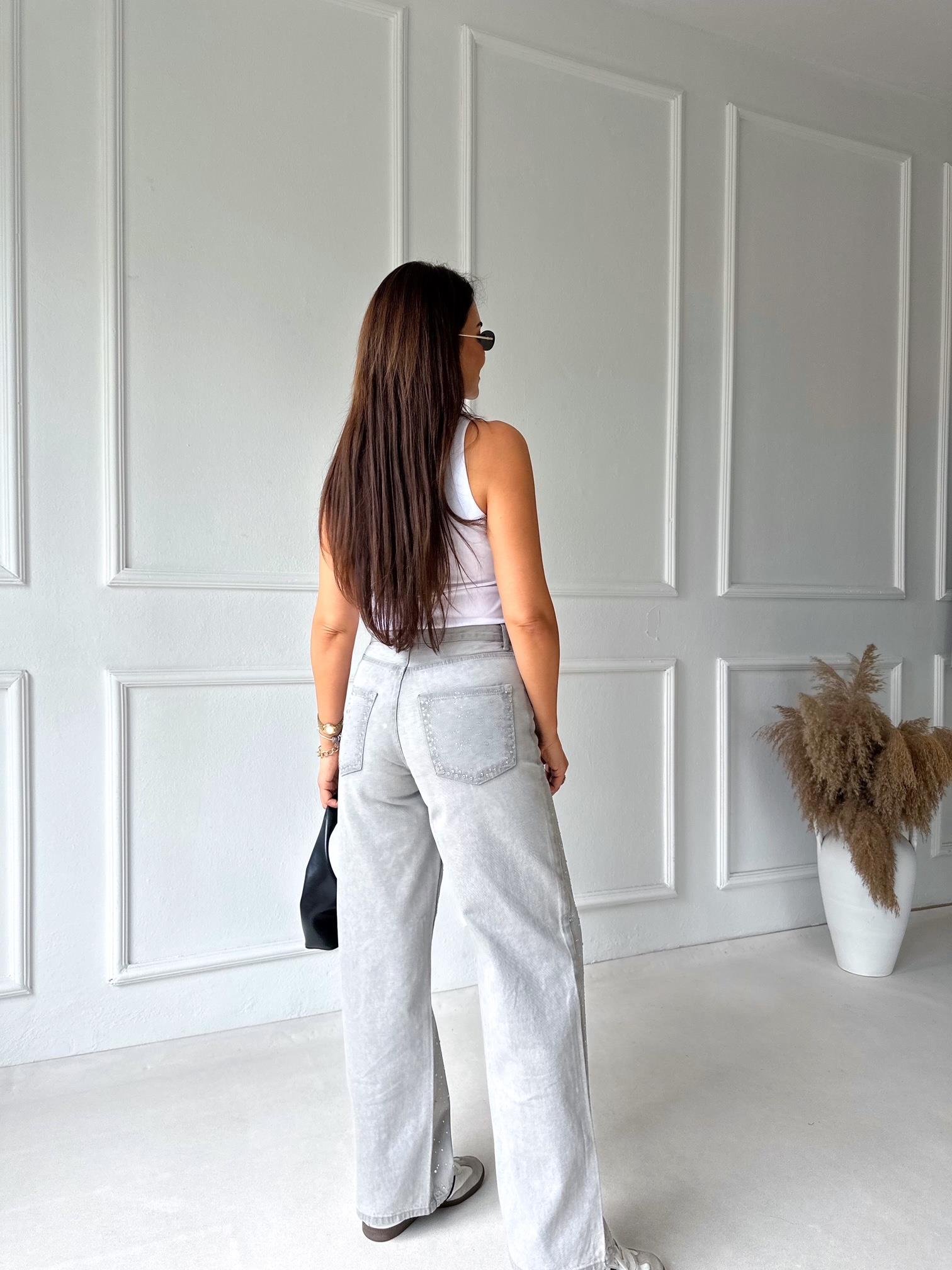 Orijinal Marka Taşlı Gri Loose Fit Jean