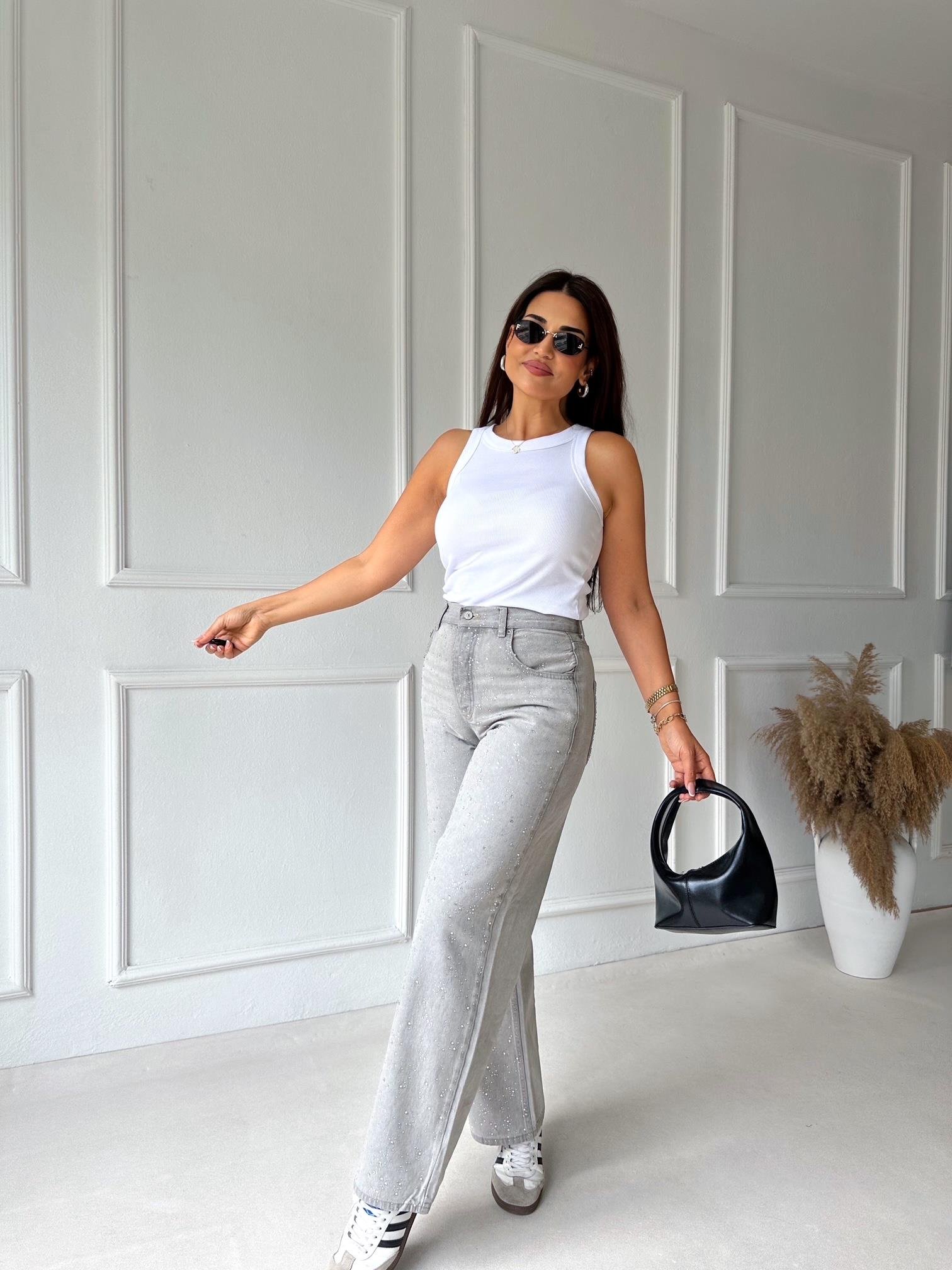 Orijinal Marka Taşlı Gri Loose Fit Jean