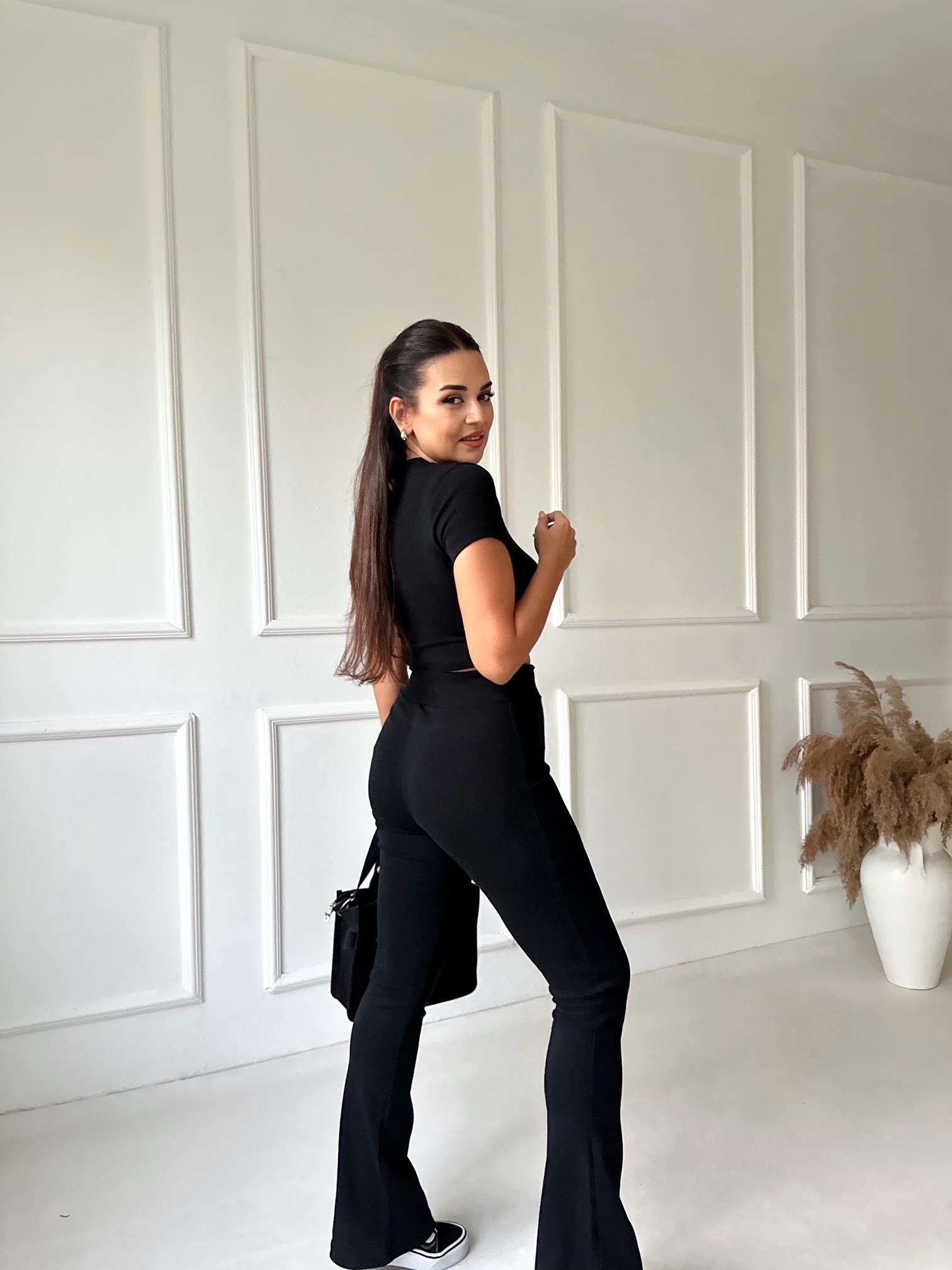 Orijinal Marka Yüksek Bel İspanyol Paça Pantolon Crop Siyah Takım