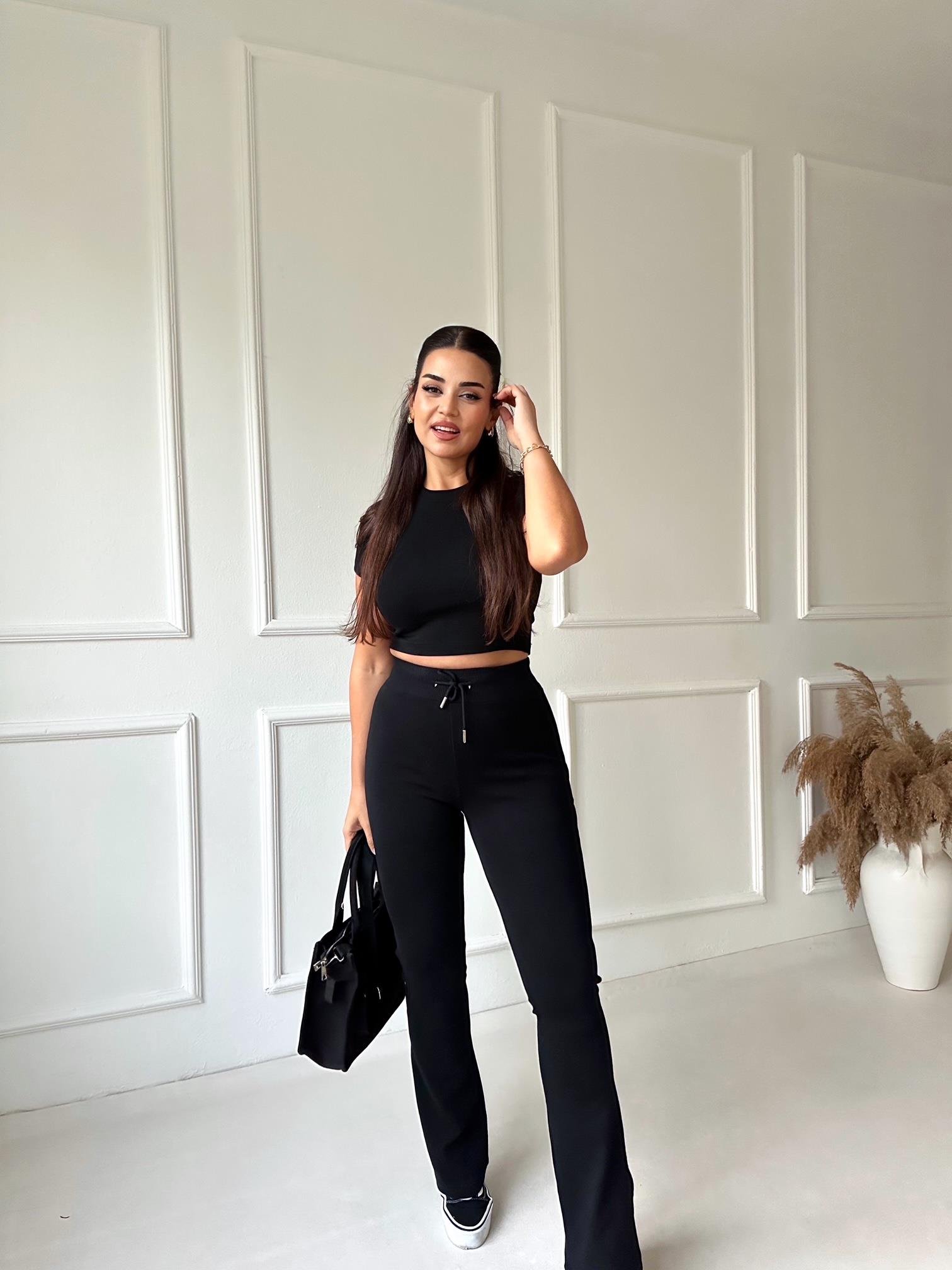 Orijinal Marka Yüksek Bel İspanyol Paça Pantolon Crop Siyah Takım