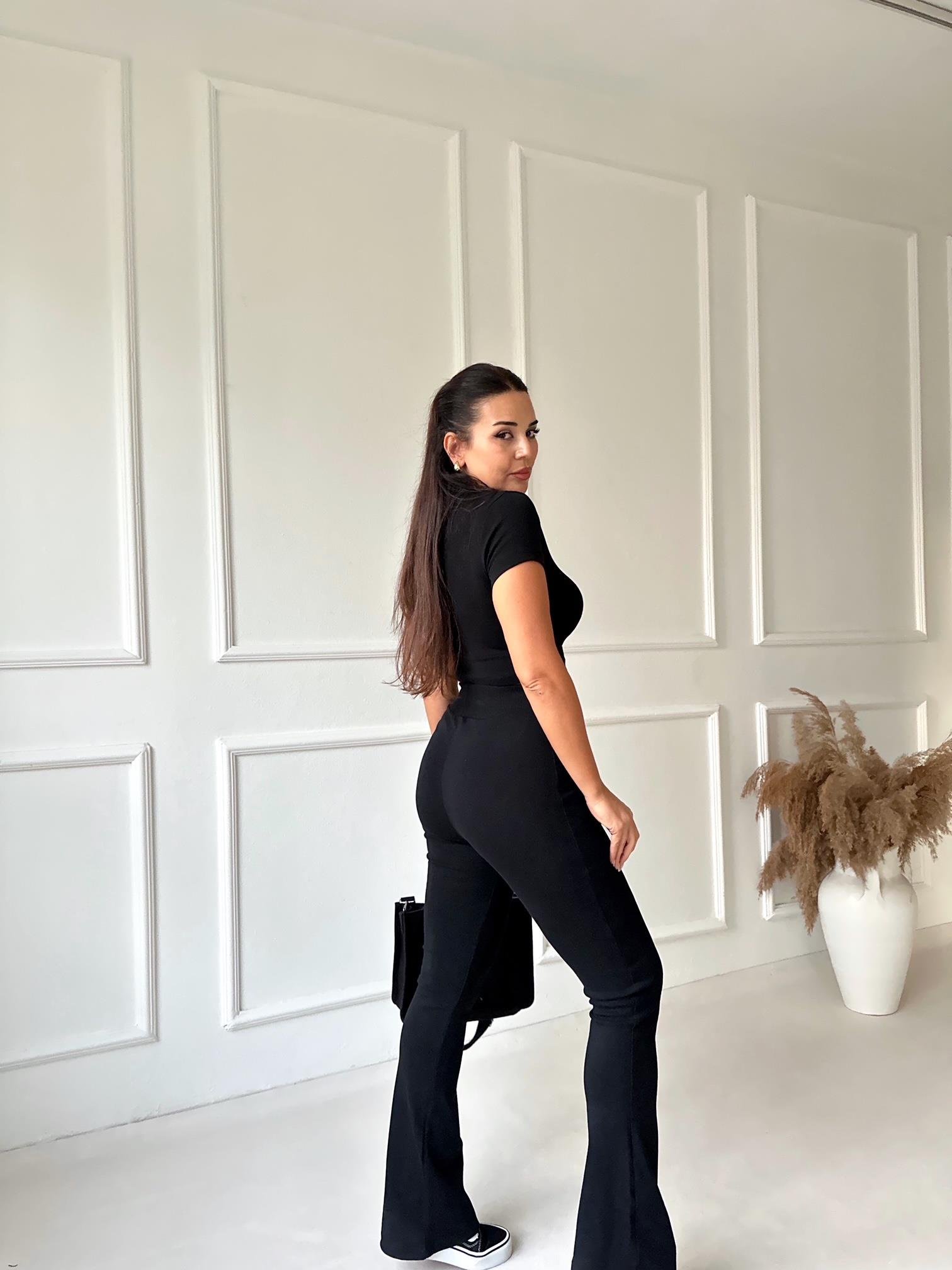 Orijinal Marka Yüksek Bel İspanyol Paça Pantolon Crop Siyah Takım