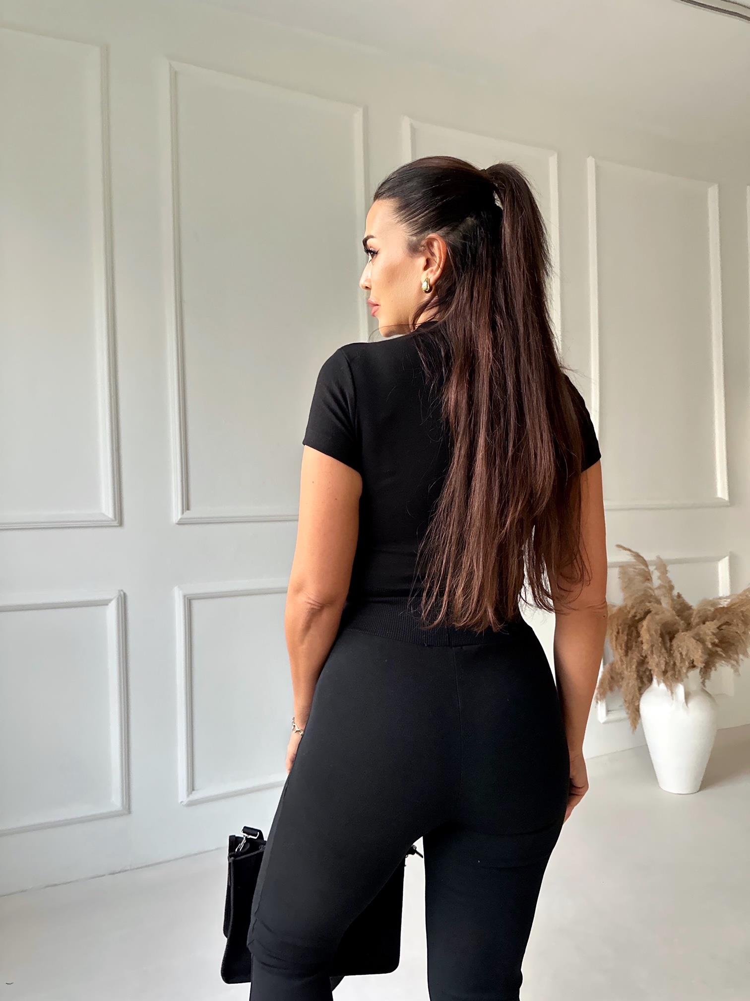 Orijinal Marka Yüksek Bel İspanyol Paça Pantolon Crop Siyah Takım