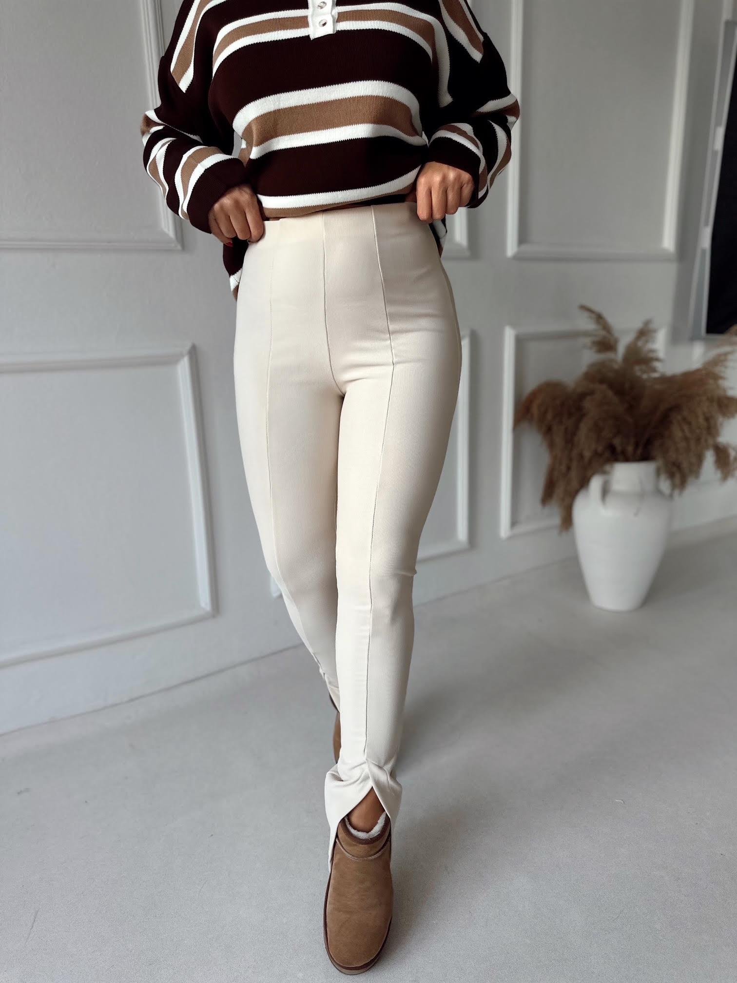 Orijinal ZR Yırtmaç Detaylı Yüksek Bel Tayt Pantolon – Ekru