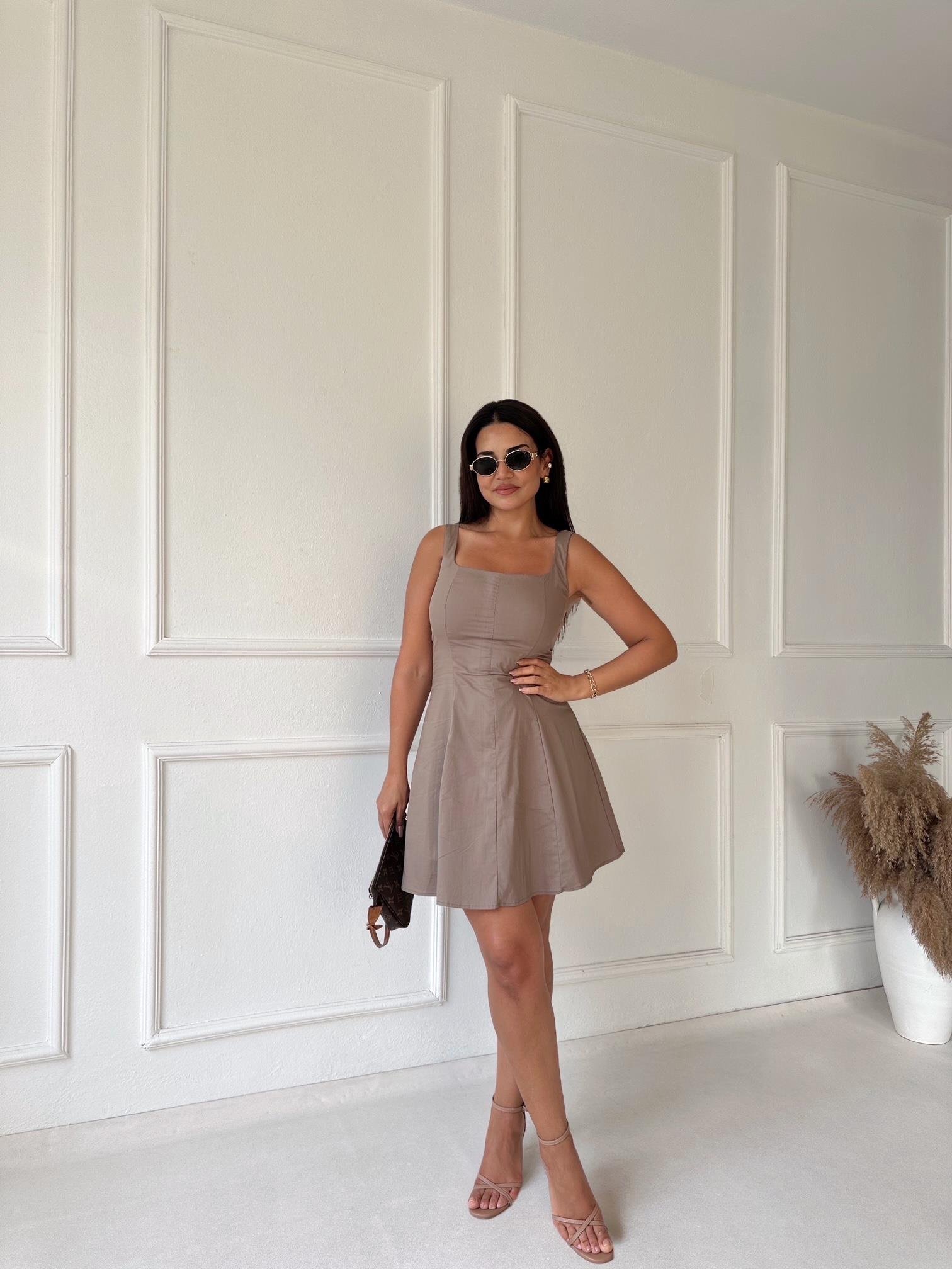 Orjinal Marka Kare Yaka Mini Elbise Vizon