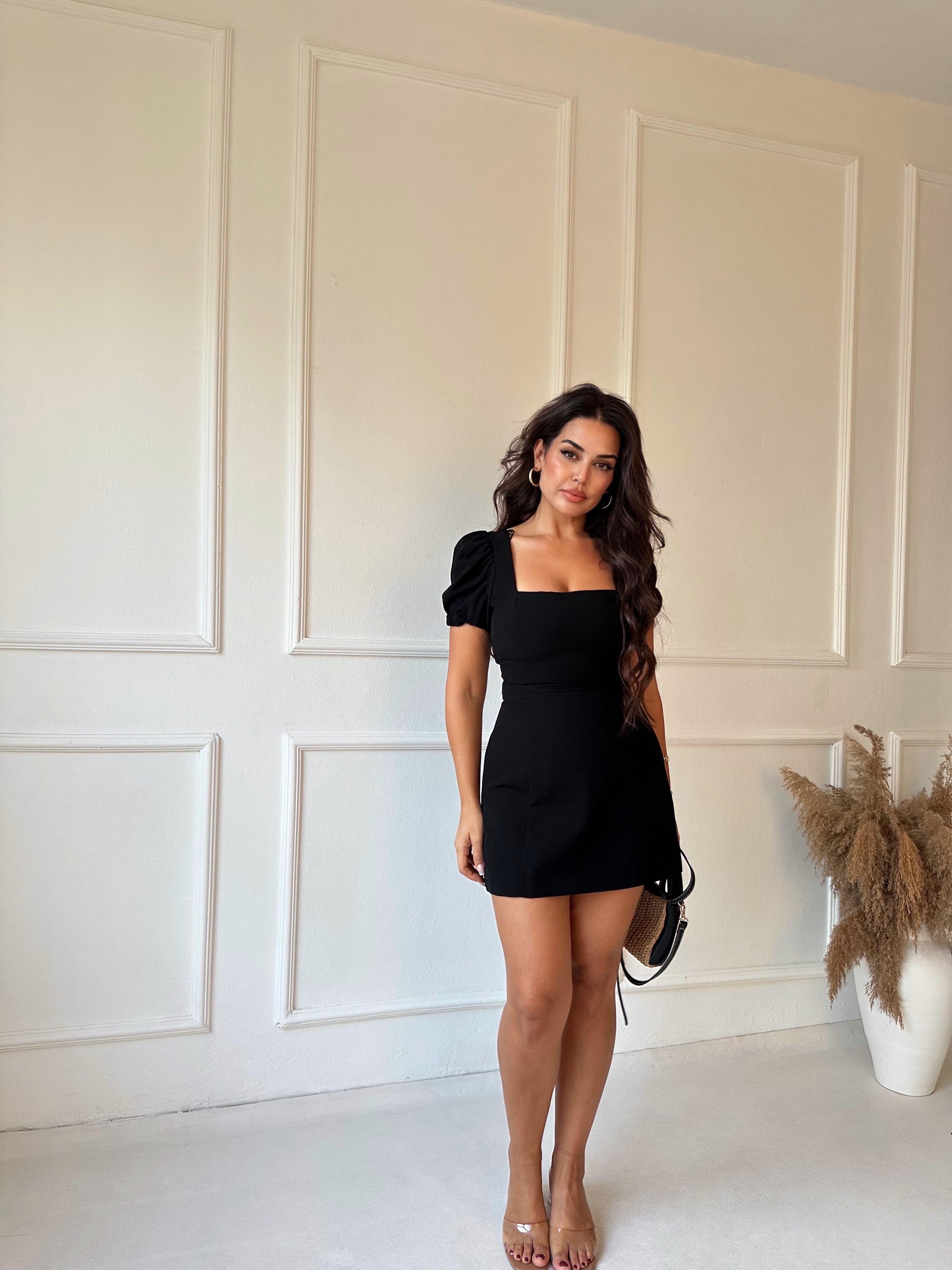 Orjinal Marka Karpuz Kollu Sırt Dekolteli Siyah Mini Elbise