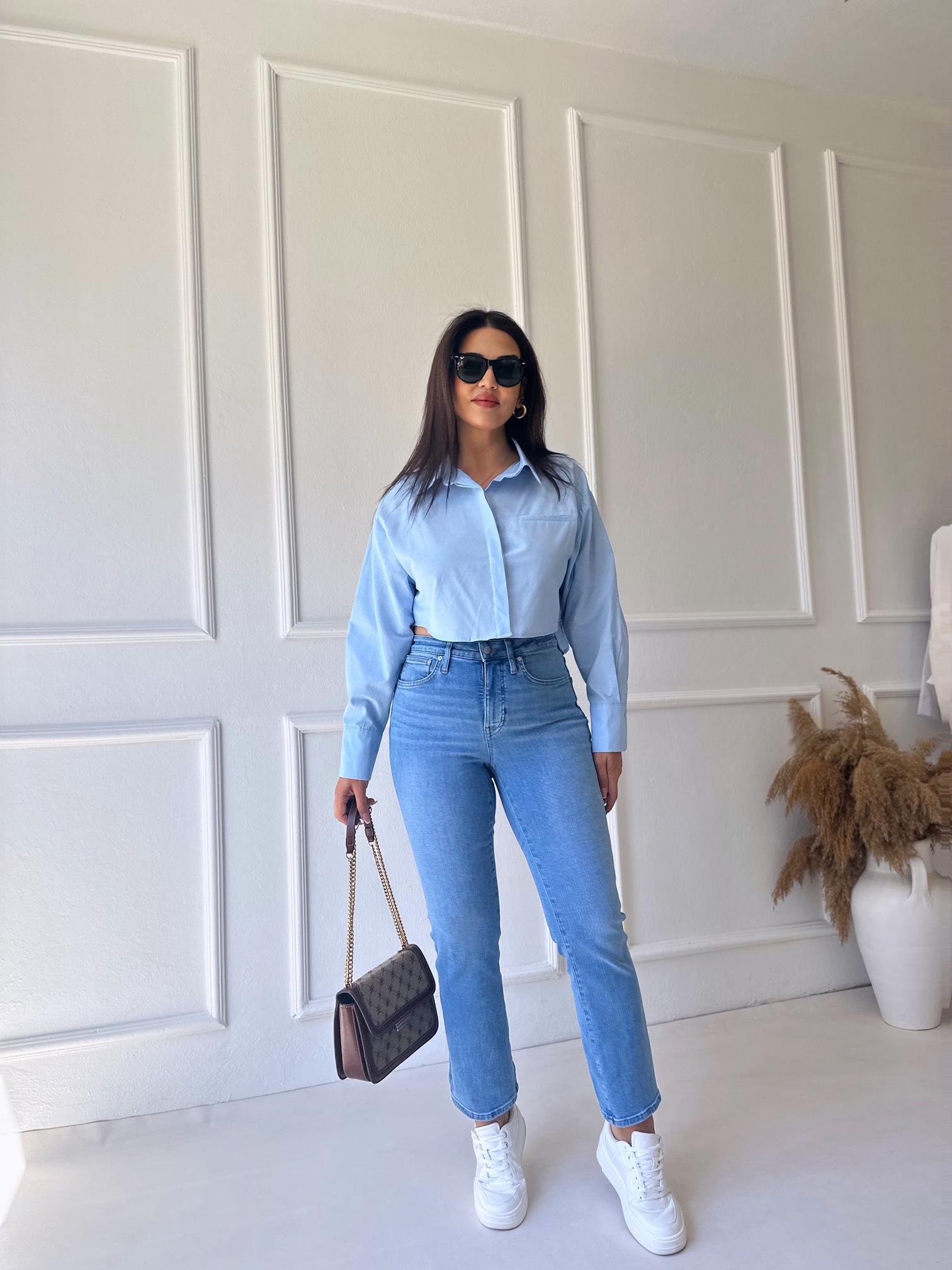 Orjinal Marka Likralı Açık Mavi Boy Fit Jean