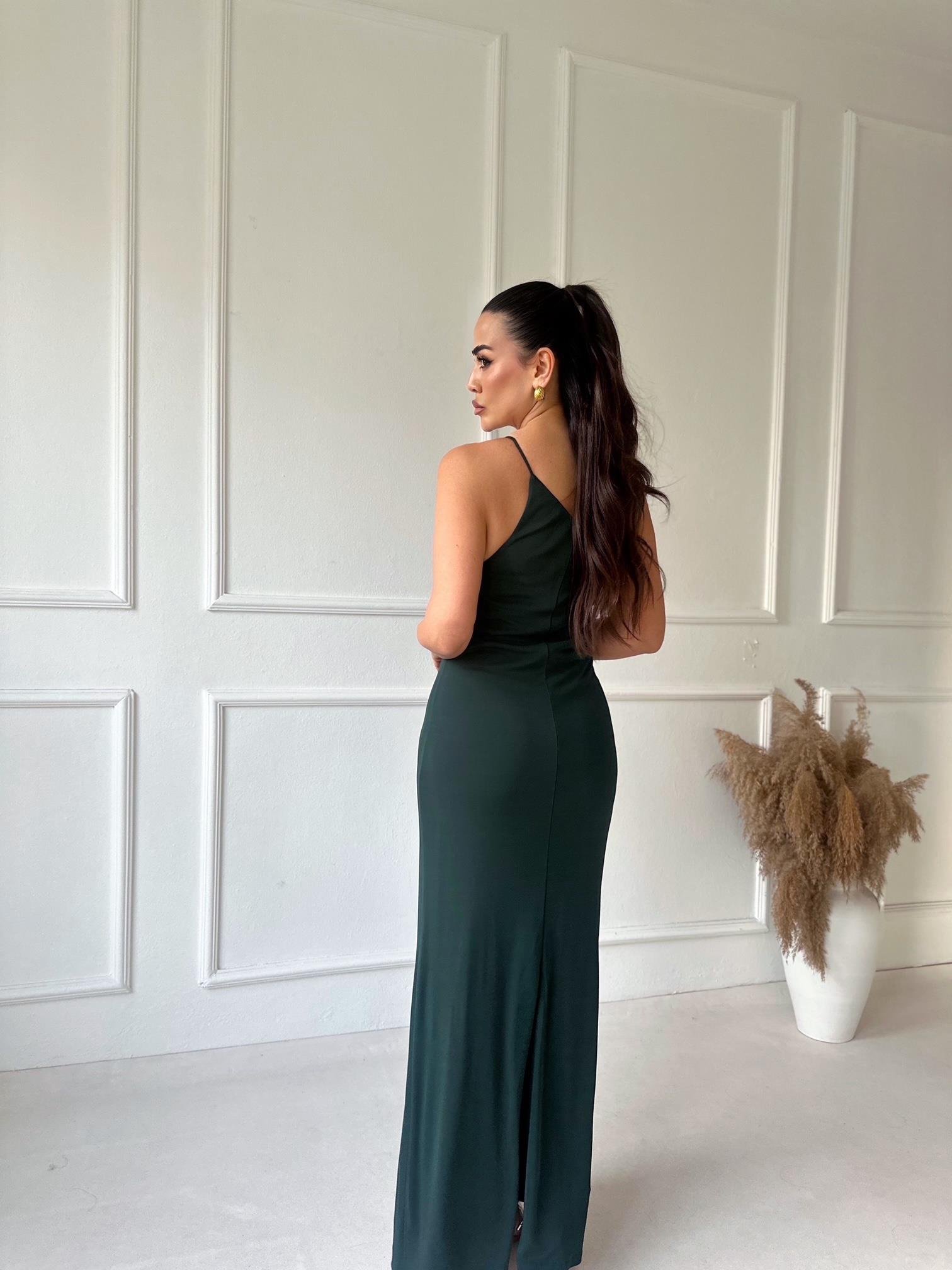 Orjinal Marka Tek Omuz Zümrüt Yeşil Maksi Elbise