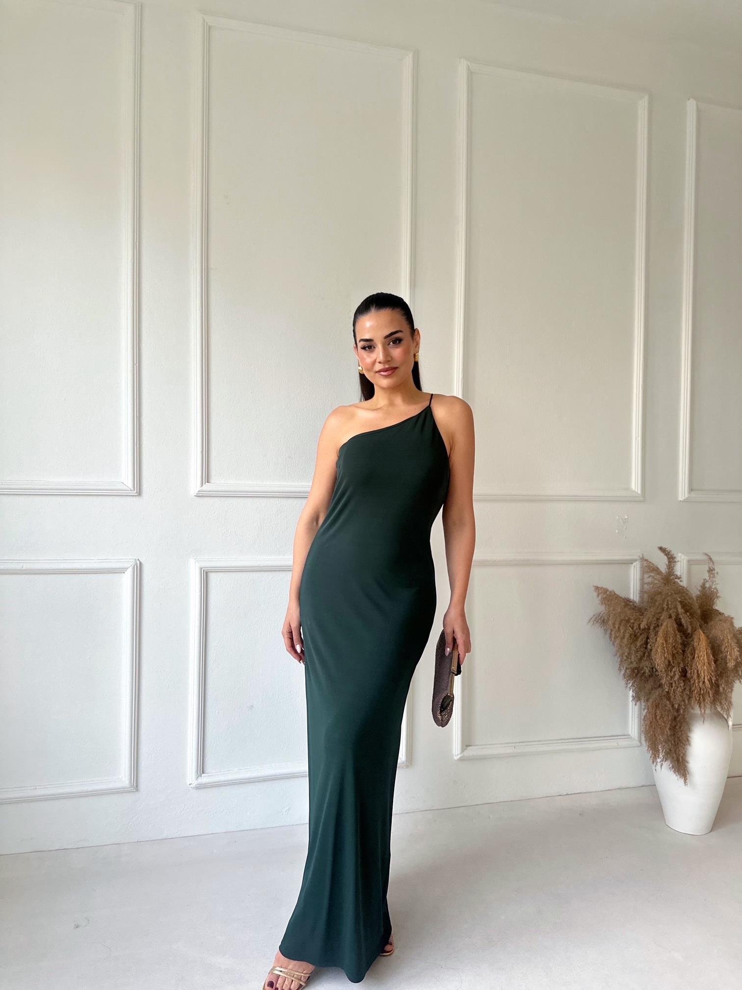 Orjinal Marka Tek Omuz Zümrüt Yeşil Maksi Elbise