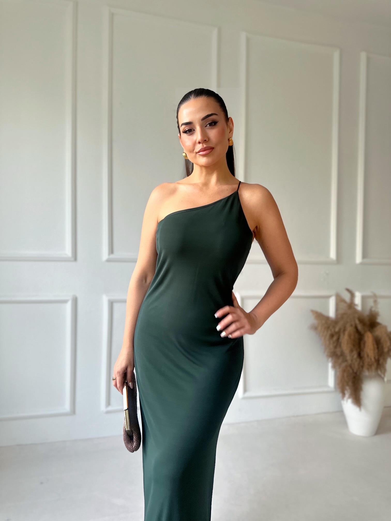 Orjinal Marka Tek Omuz Zümrüt Yeşil Maksi Elbise