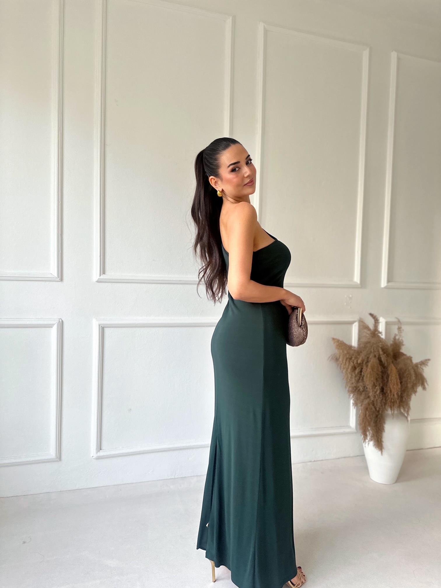 Orjinal Marka Tek Omuz Zümrüt Yeşil Maksi Elbise