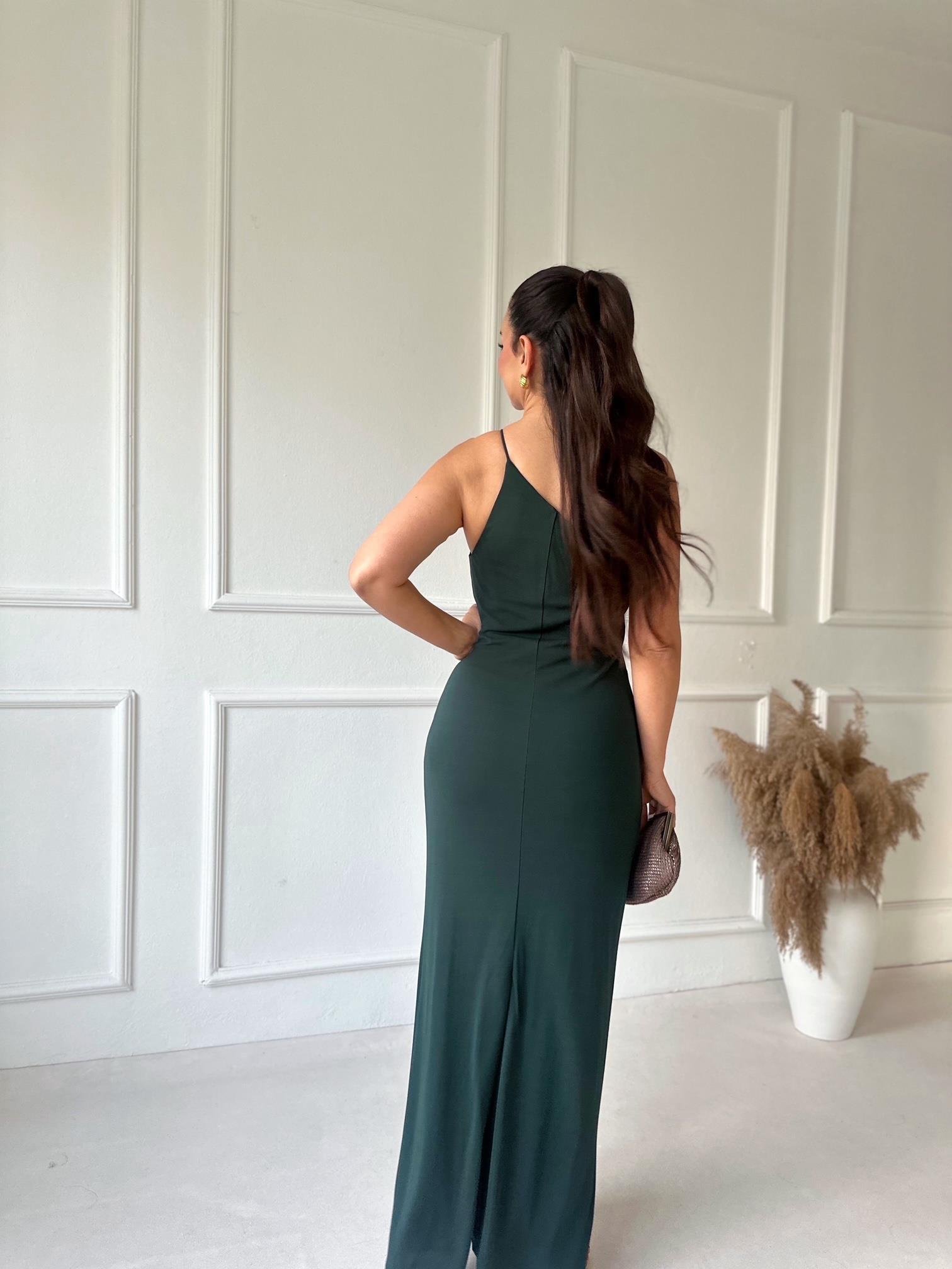 Orjinal Marka Tek Omuz Zümrüt Yeşil Maksi Elbise