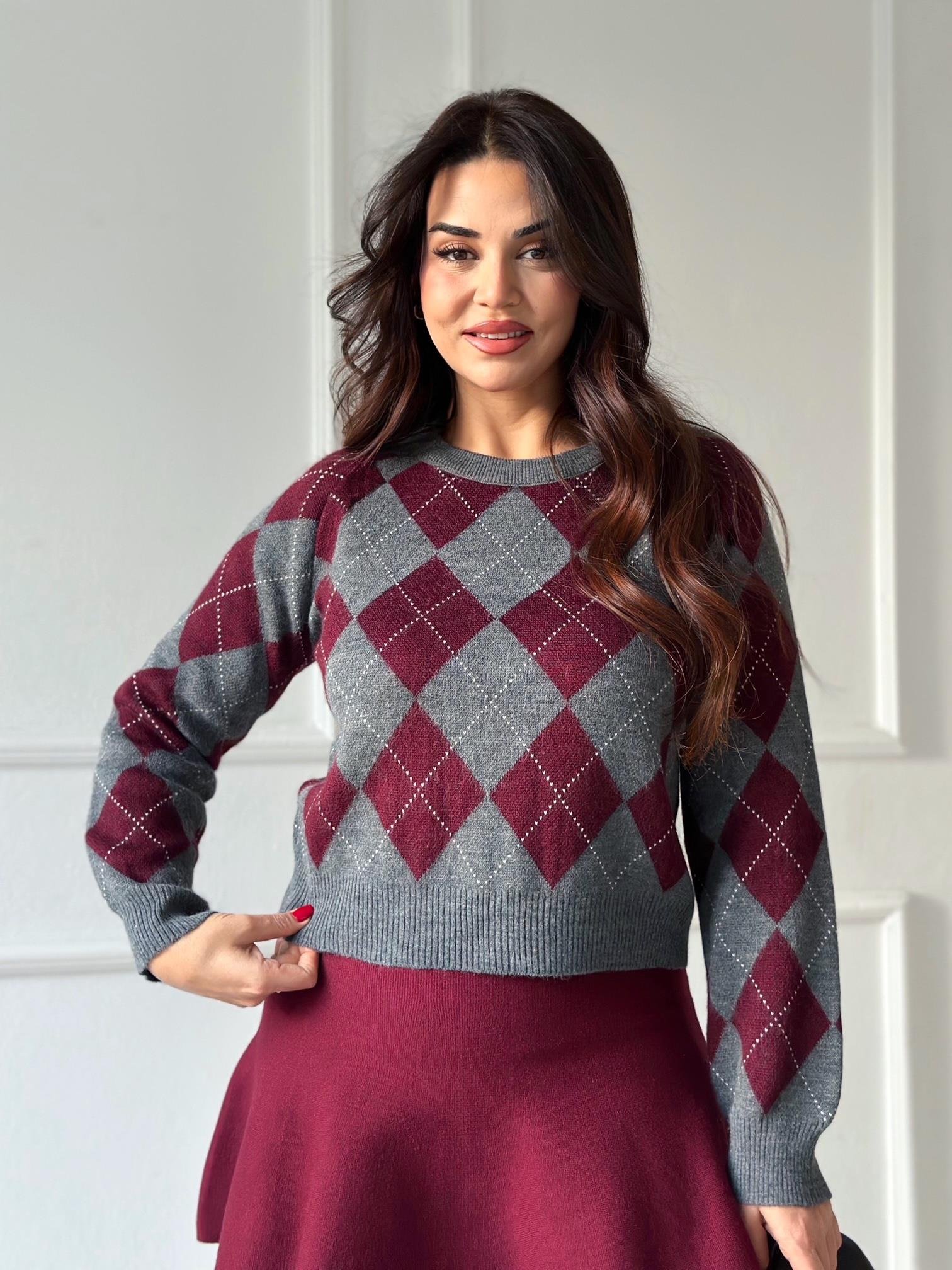 Oxford Argyle Kolej Baklava Desen Triko Kazak – Bordo Gri