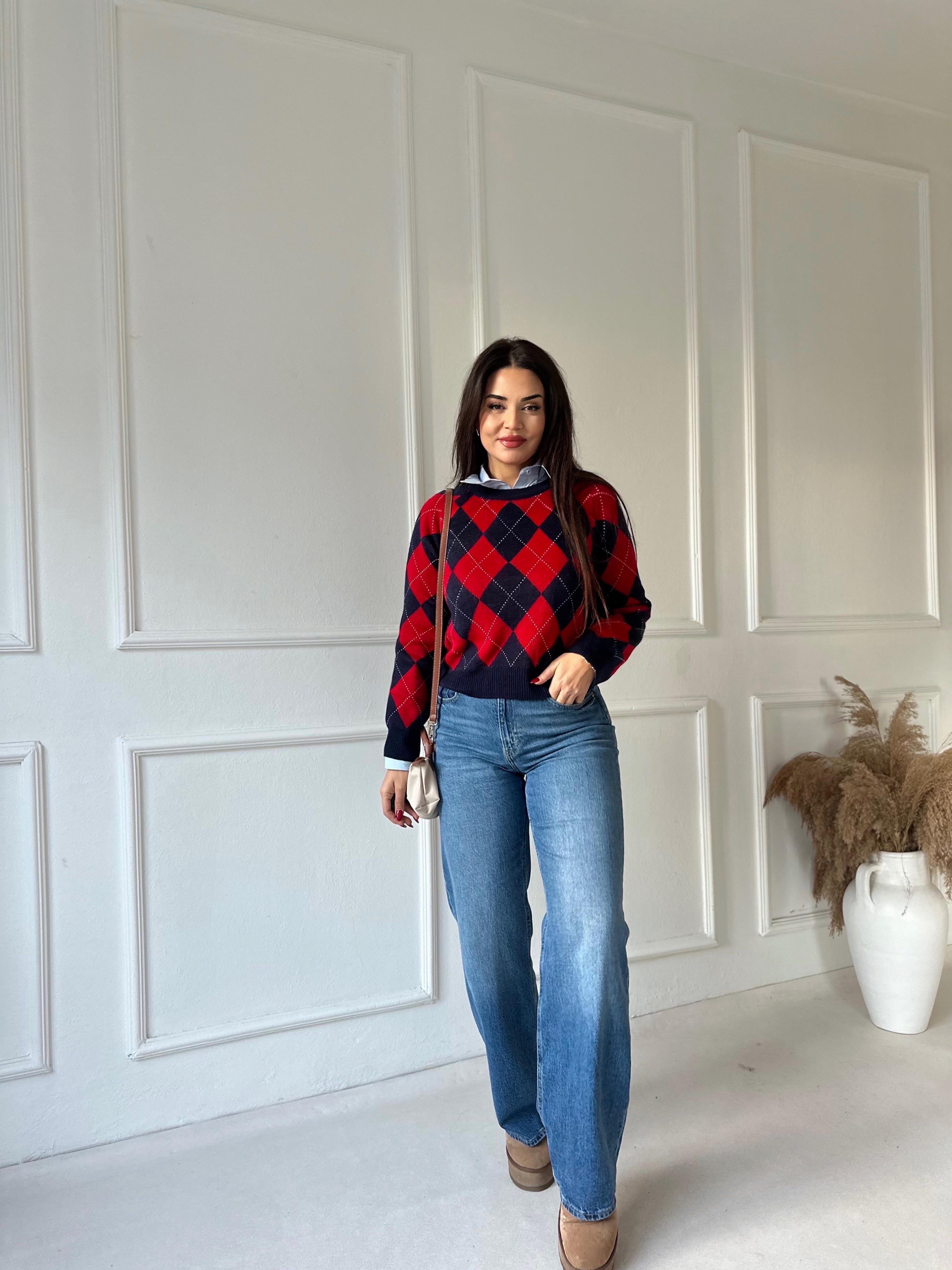 Oxford Argyle Kolej Baklava Desen Triko Kazak – Lacivert Kırmızı