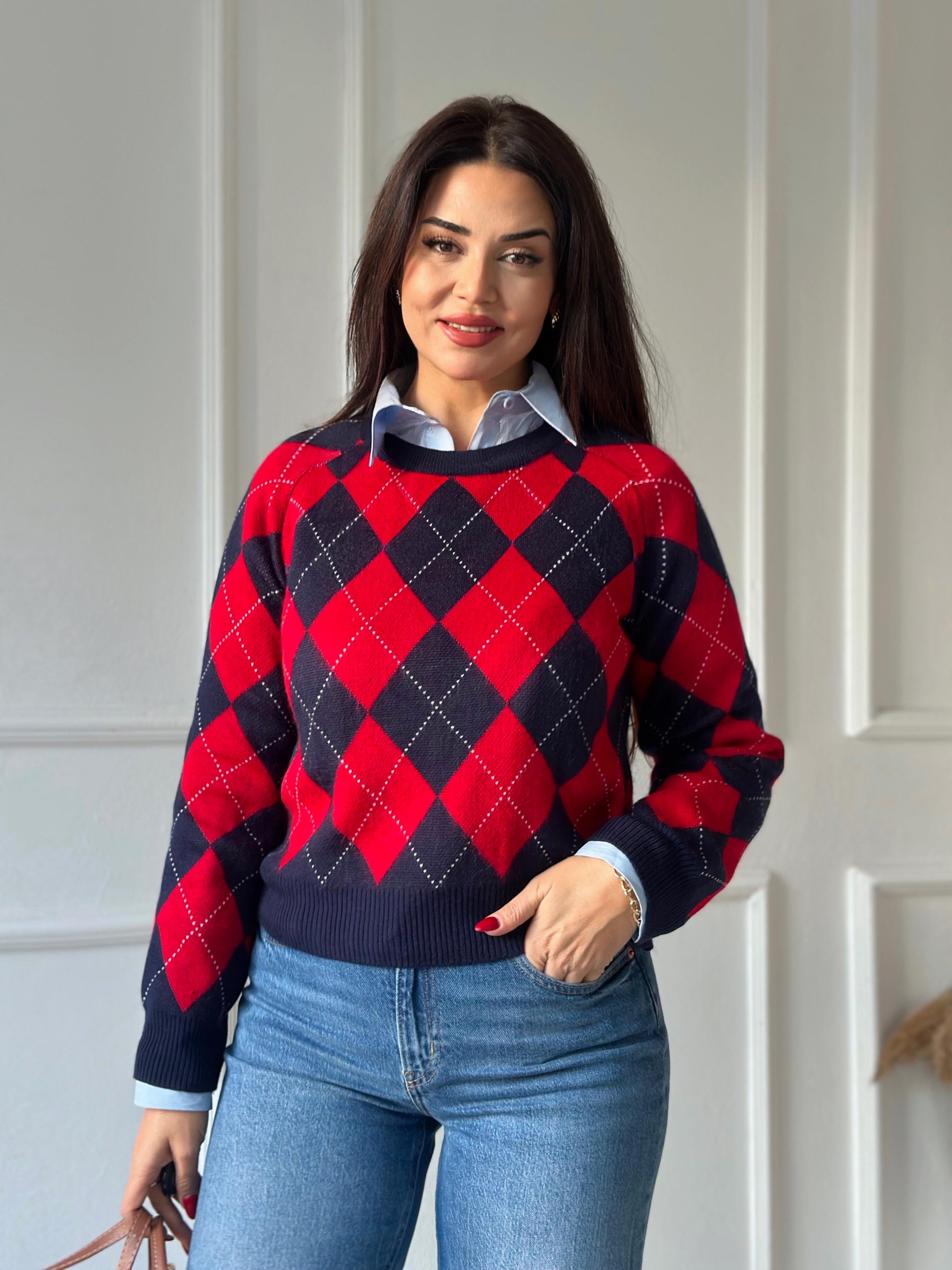 Oxford Argyle Kolej Baklava Desen Triko Kazak – Lacivert Kırmızı