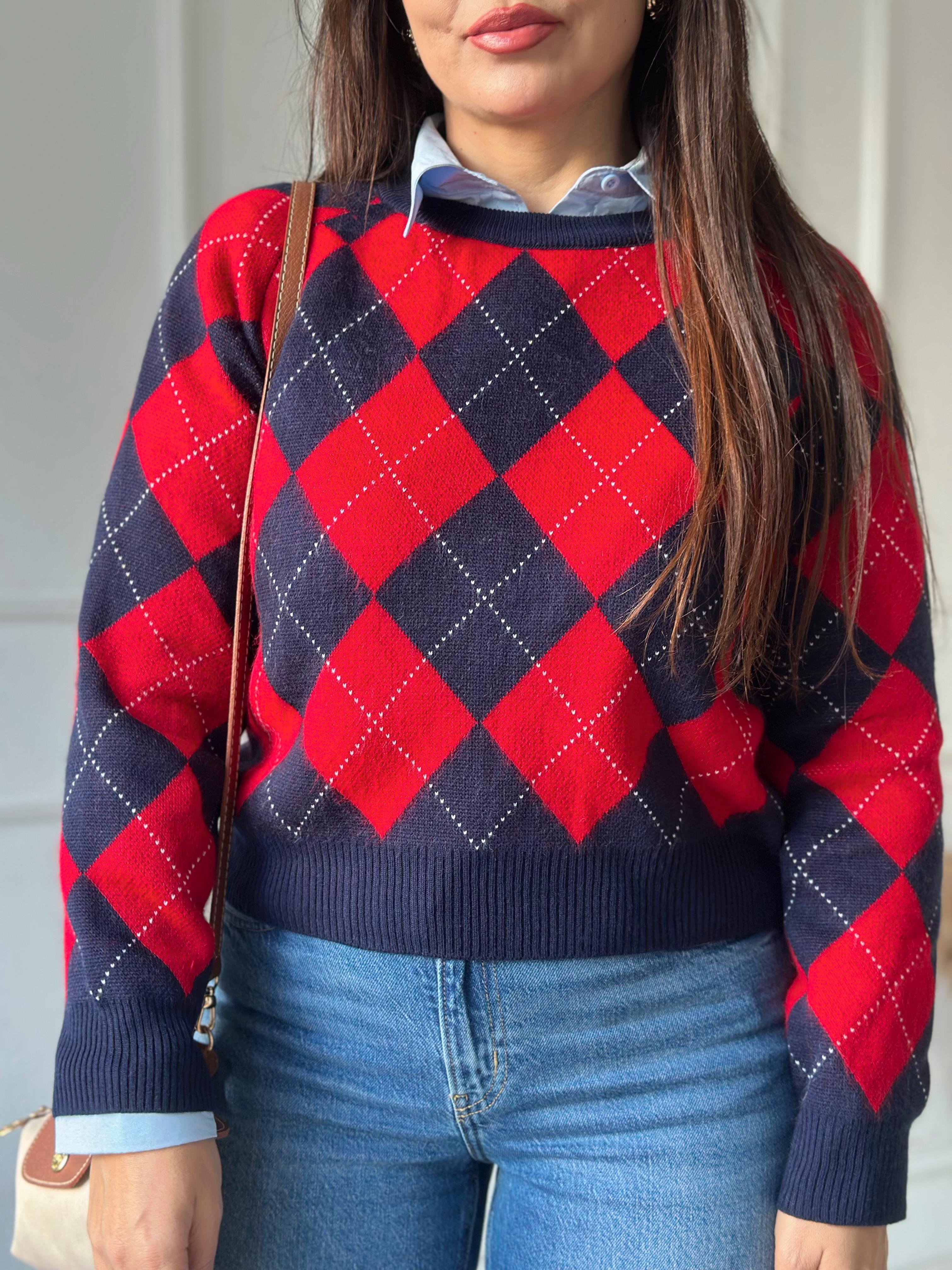 Oxford Argyle Kolej Baklava Desen Triko Kazak – Lacivert Kırmızı