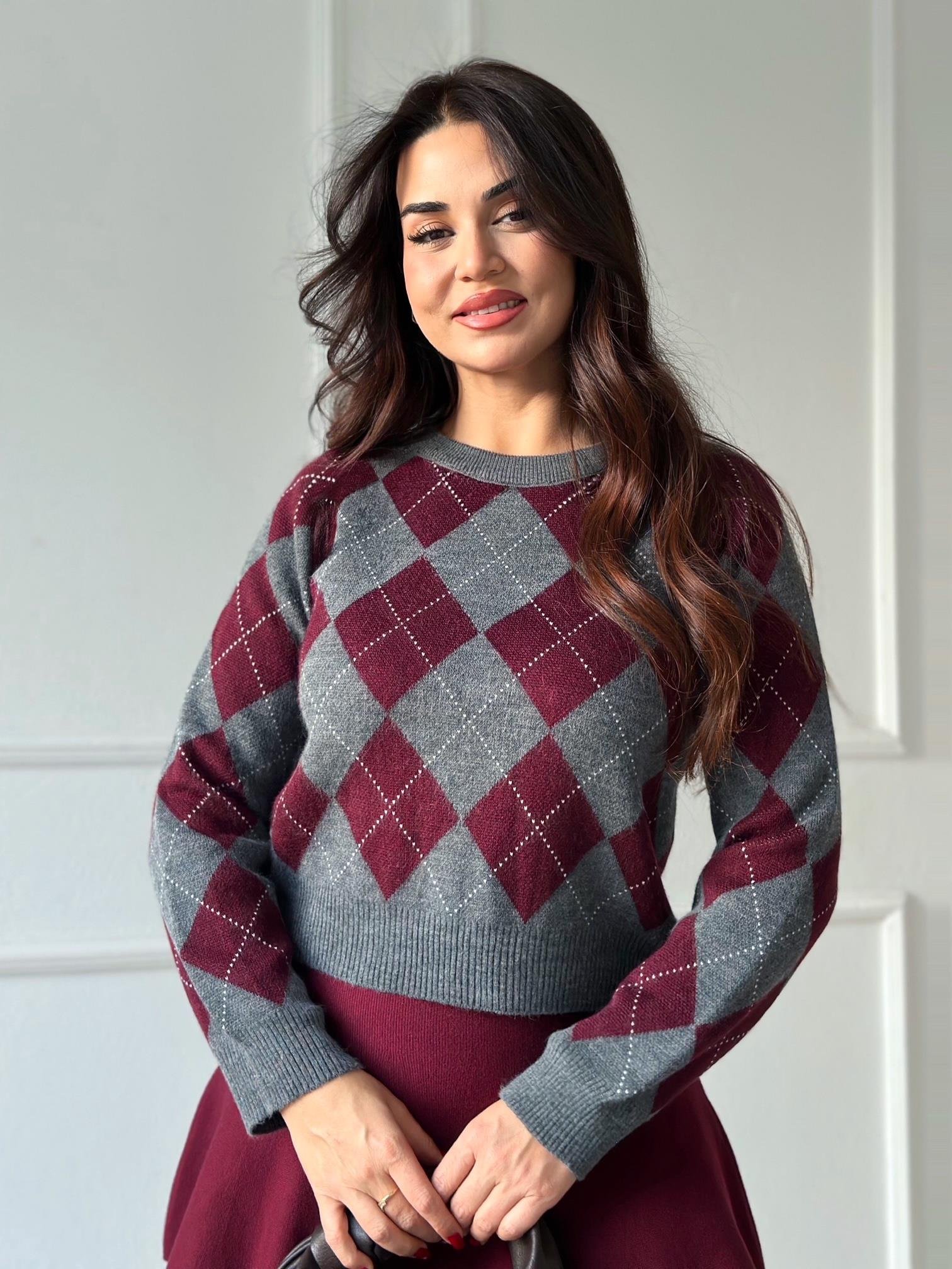 Oxford Argyle Kolej Baklava Desen Triko Kazak – Bordo Gri