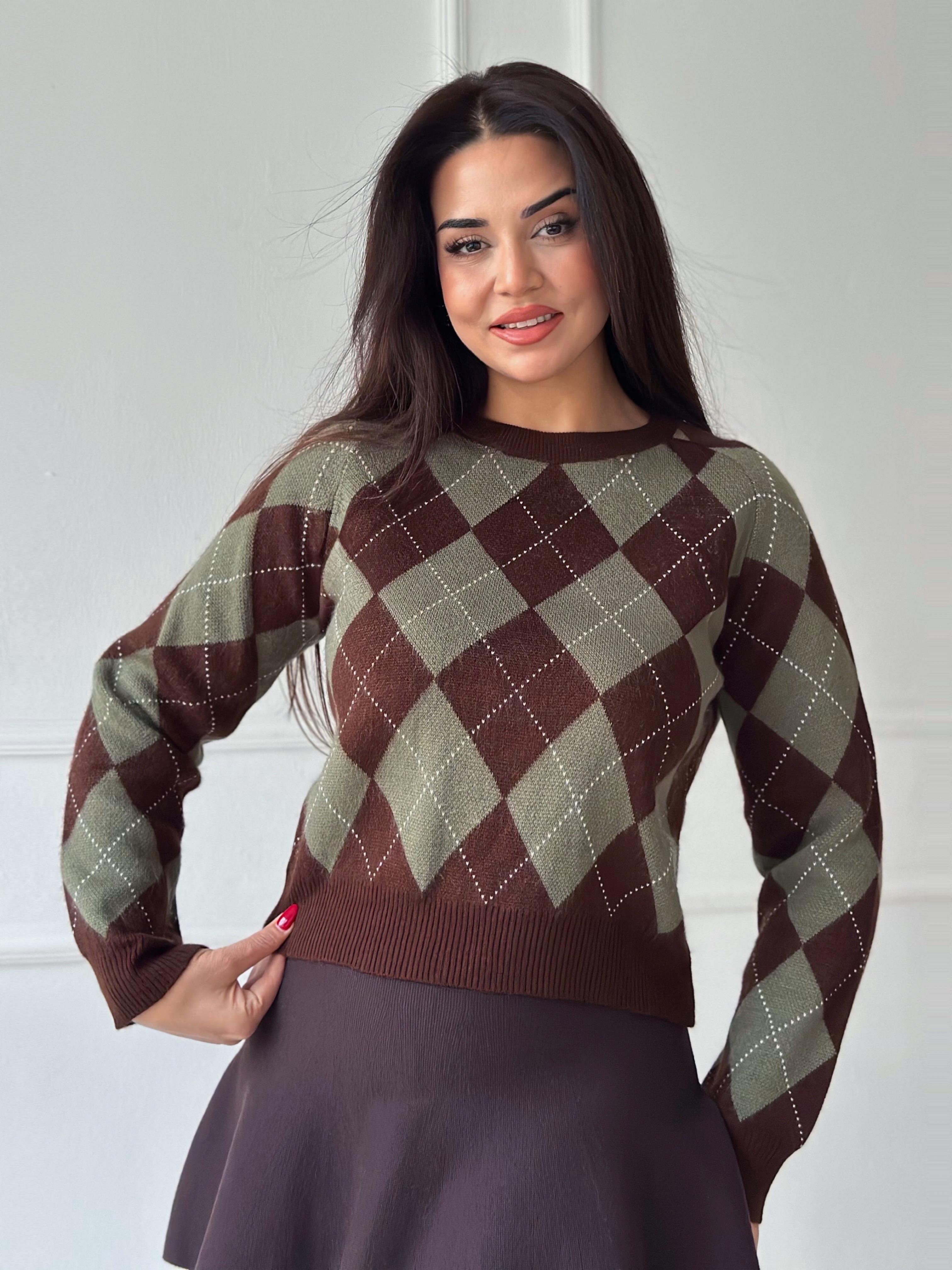 Oxford Argyle Kolej Baklava Desen Triko Kazak – Kahve  Yeşil