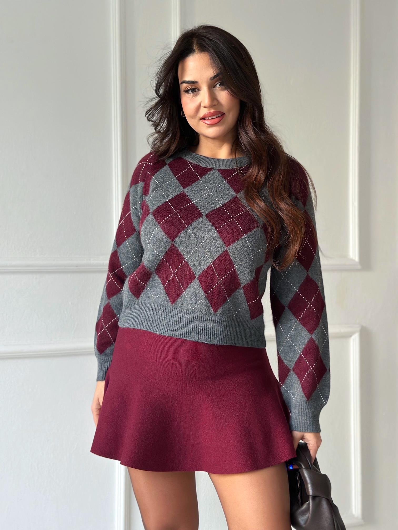 Oxford Argyle Kolej Baklava Desen Triko Kazak – Bordo Gri